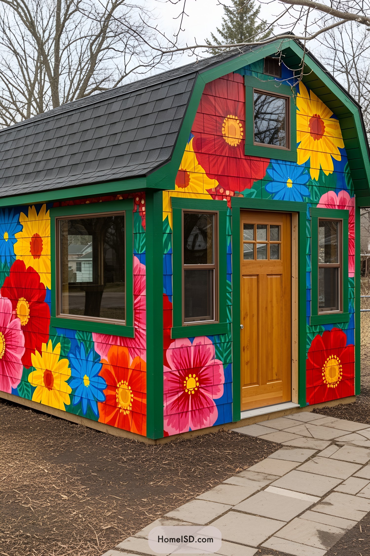 Colorful mural on a garden shed with large, bright flowers