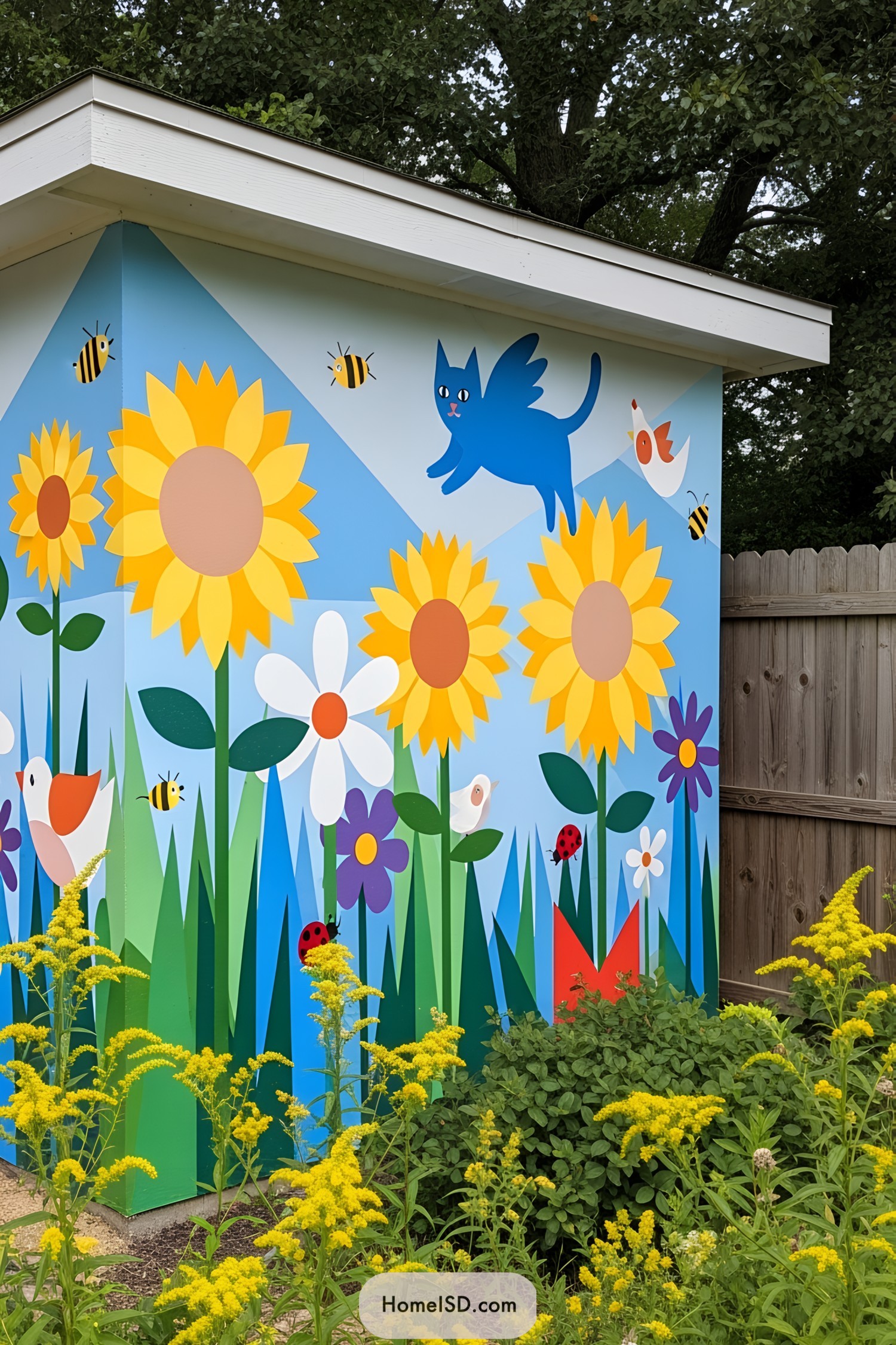 Shed adorned with a vibrant mural of sunflowers, cartoon animals, and insects