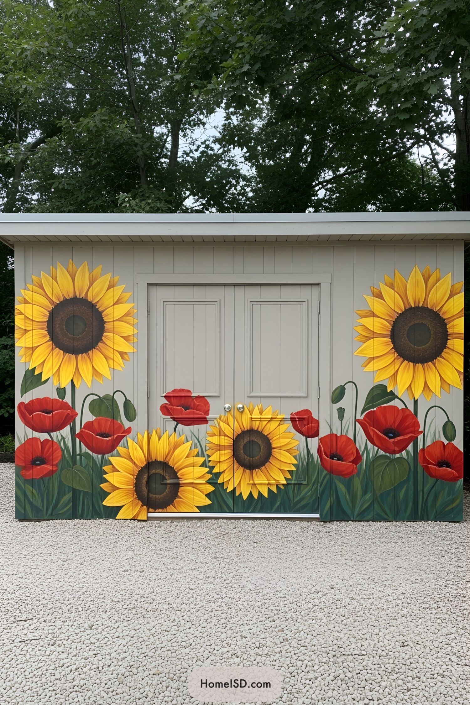 Shed with large flower mural surrounded by trees
