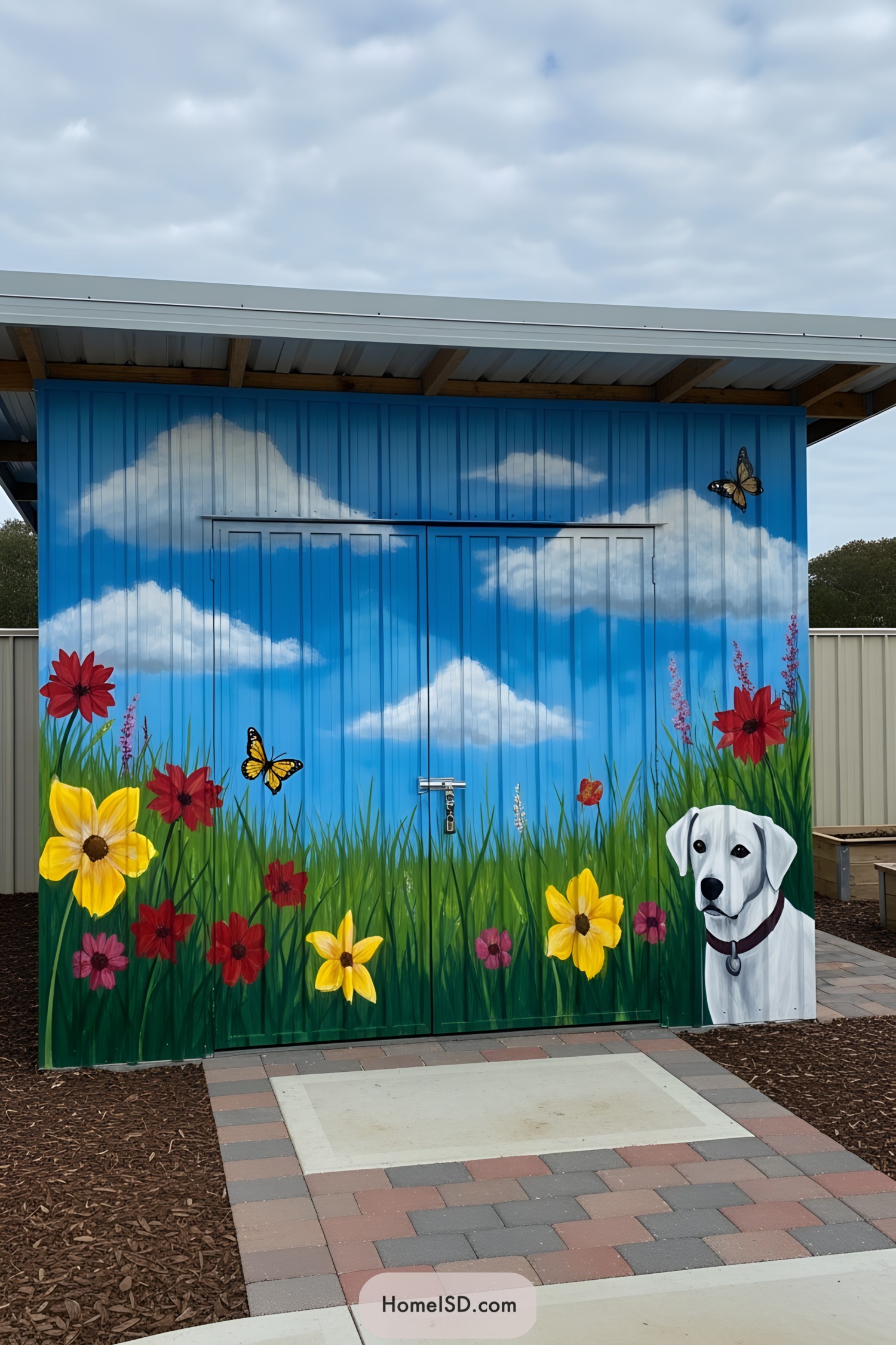 Shed with grass, flowers, dog, and butterflies painted on it