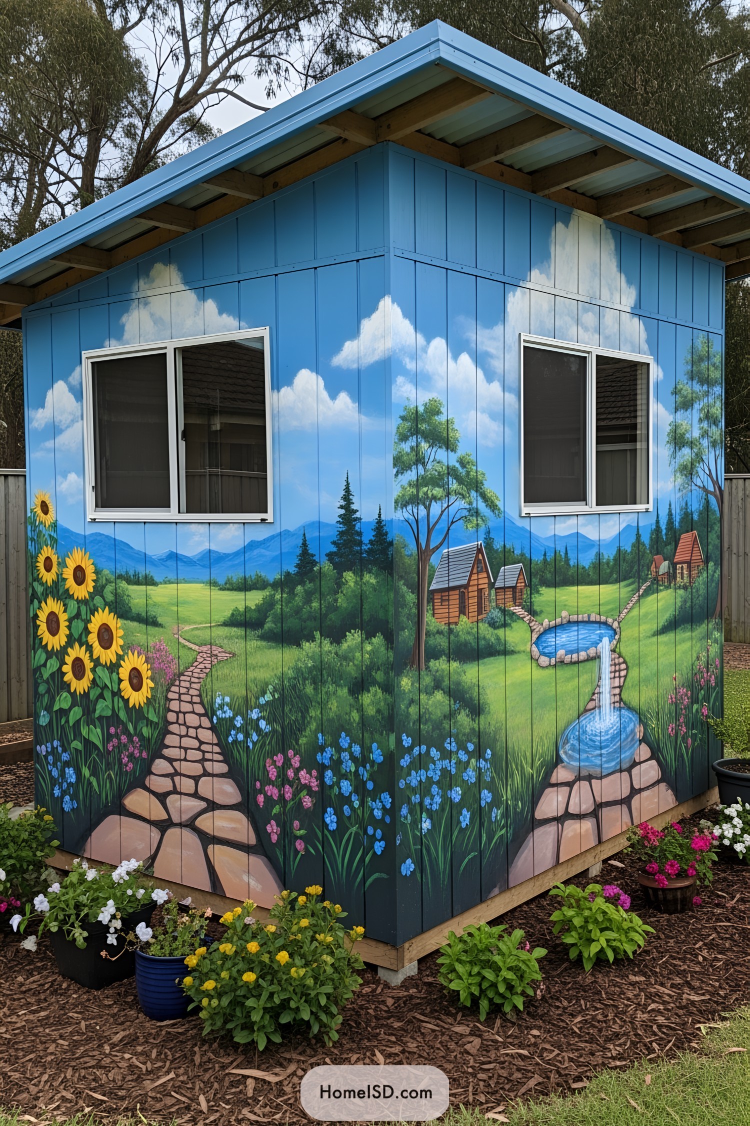 Shed with a vibrant landscape mural and colorful flowers