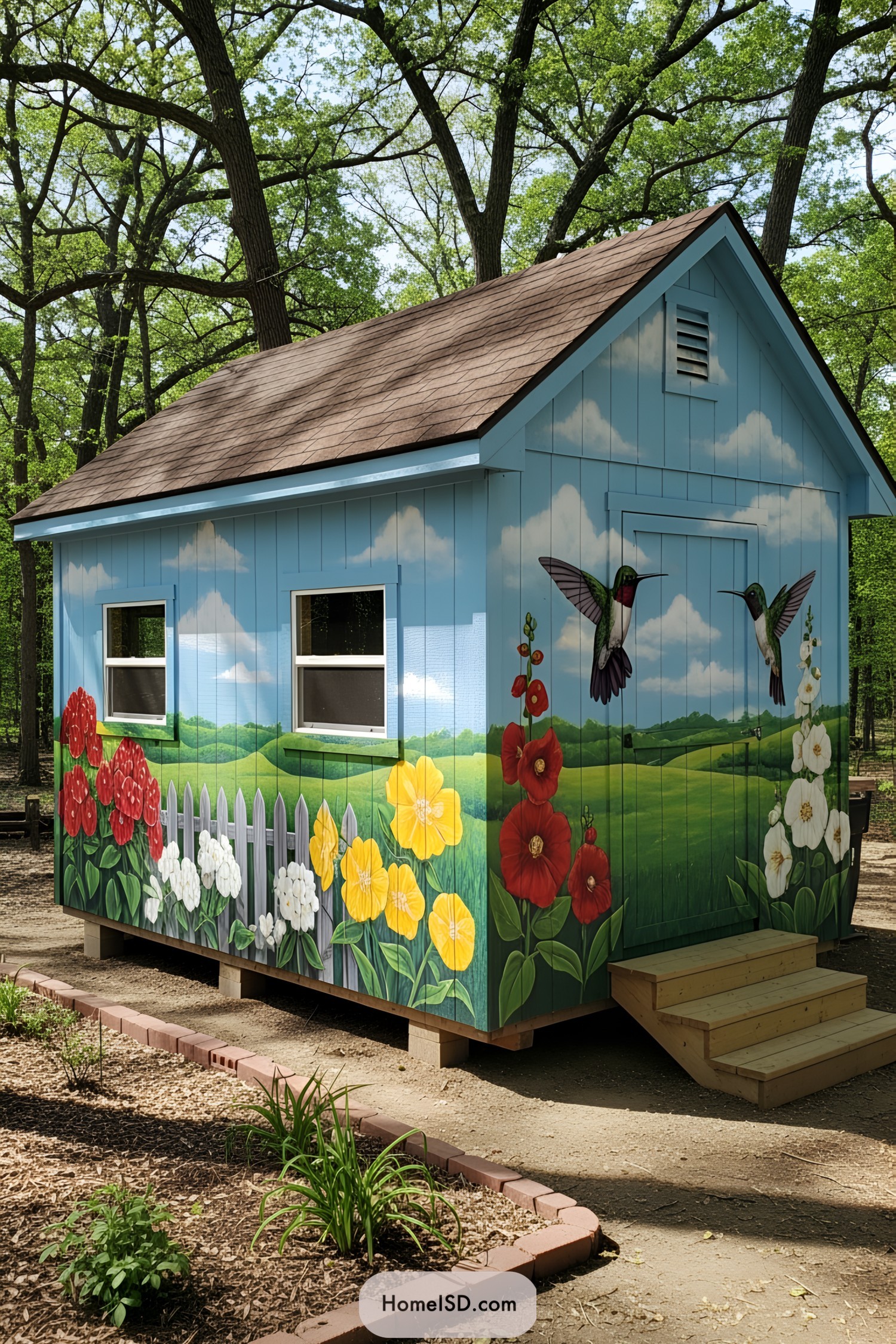Vibrant shed mural featuring flowers and hummingbirds