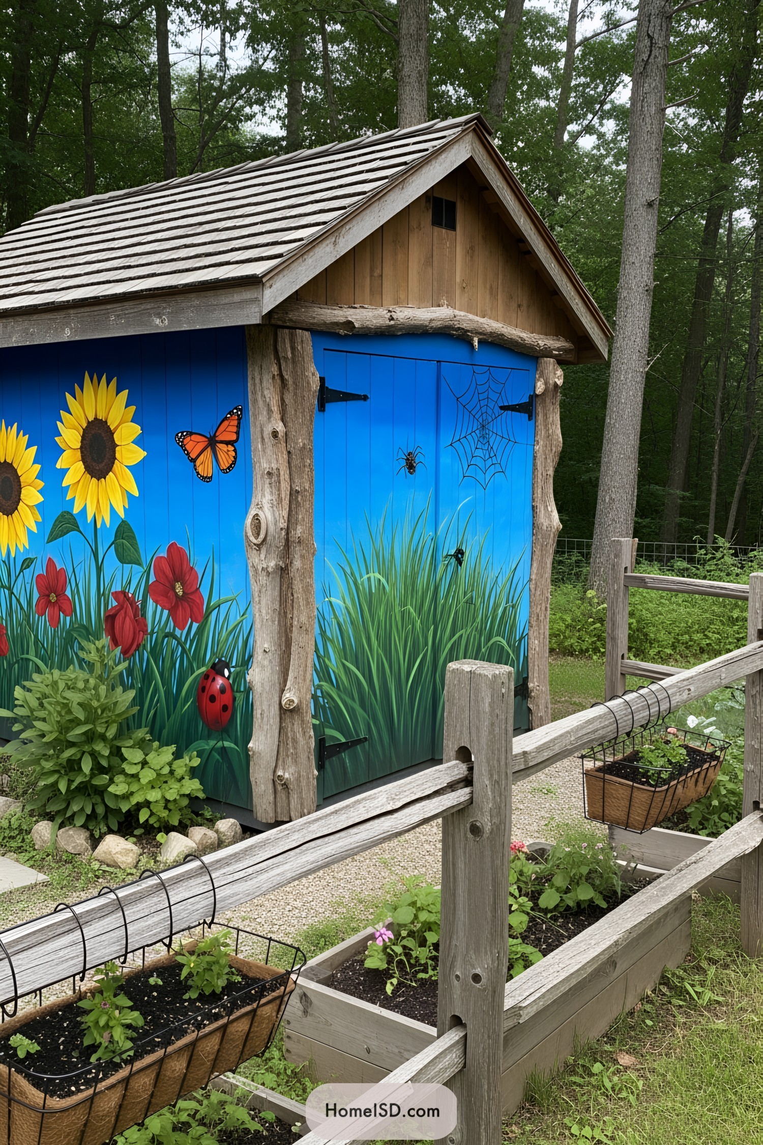 Vivid outdoor mural with insects and flowers