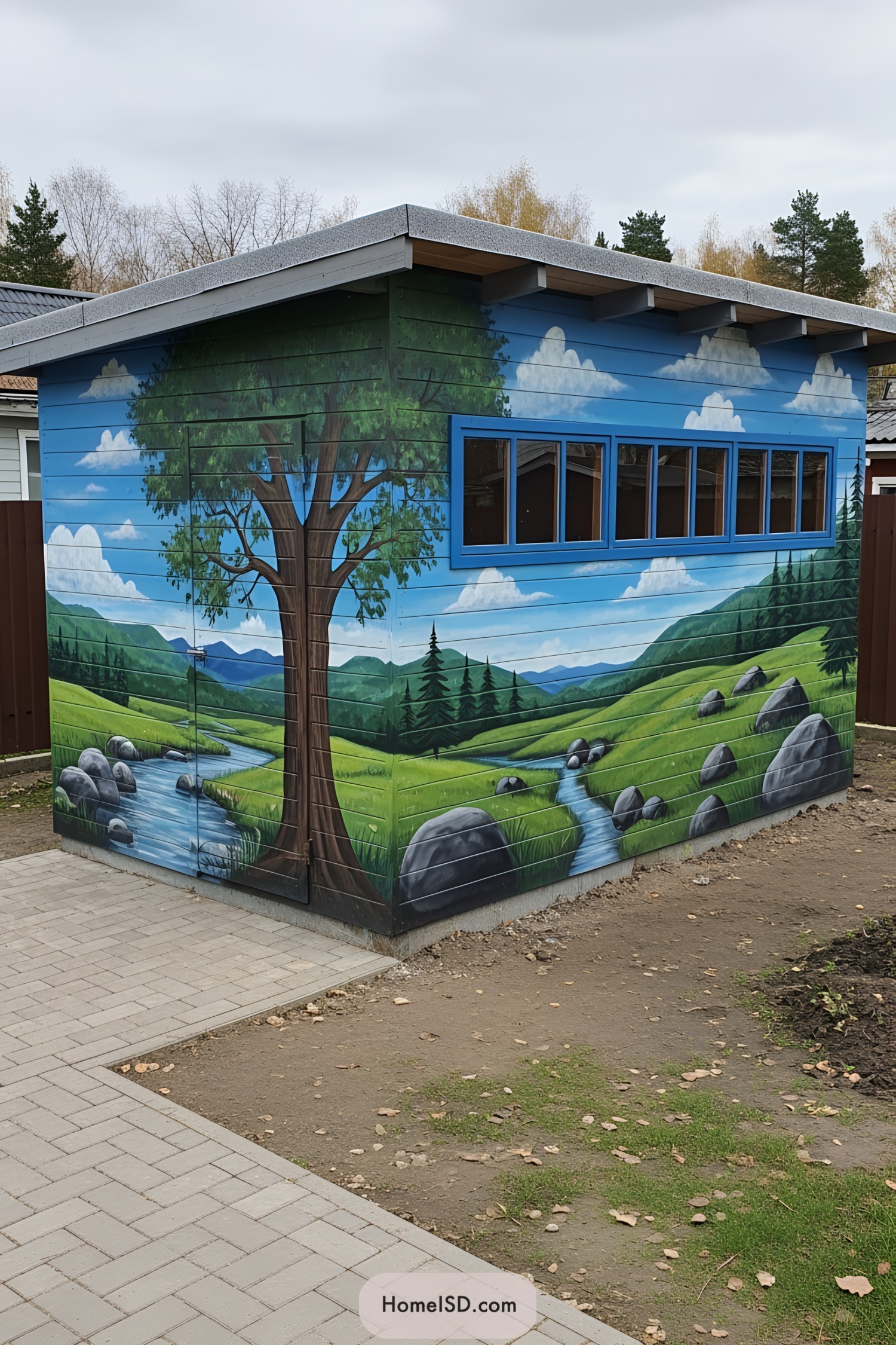 Blue shed mural with a painted landscape of hills and a winding stream