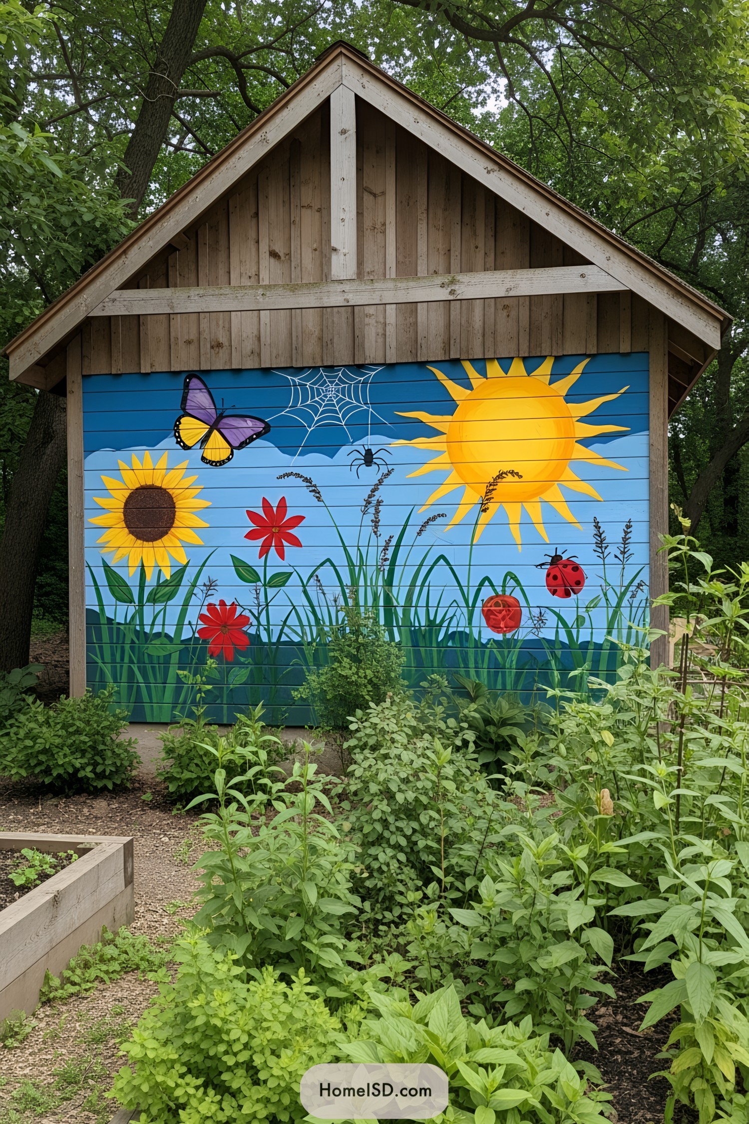 Shed with a vibrant mural of flowers, butterfly, and sun