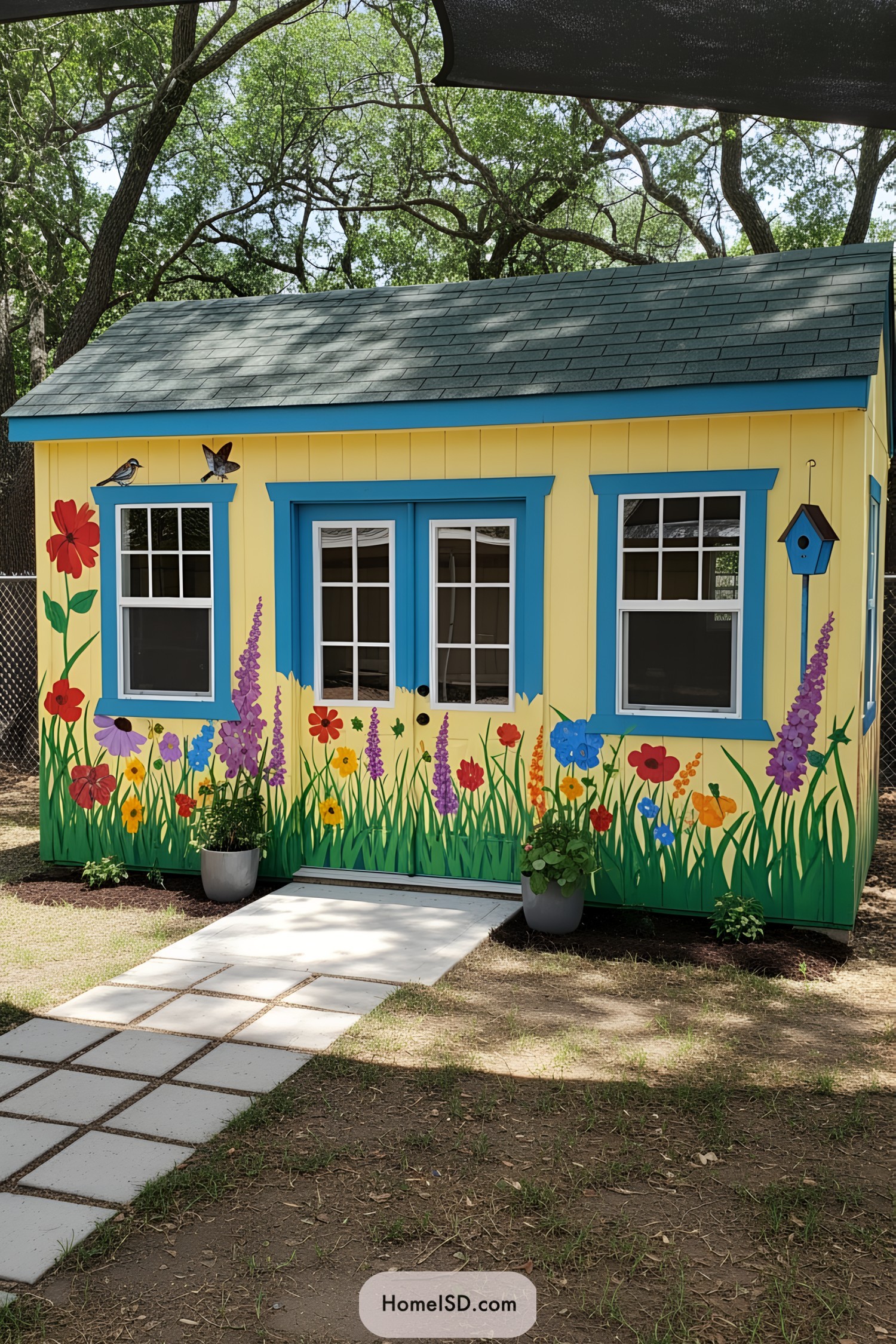 Colorful mural on a yellow shed with vibrant flowers and birdhouse