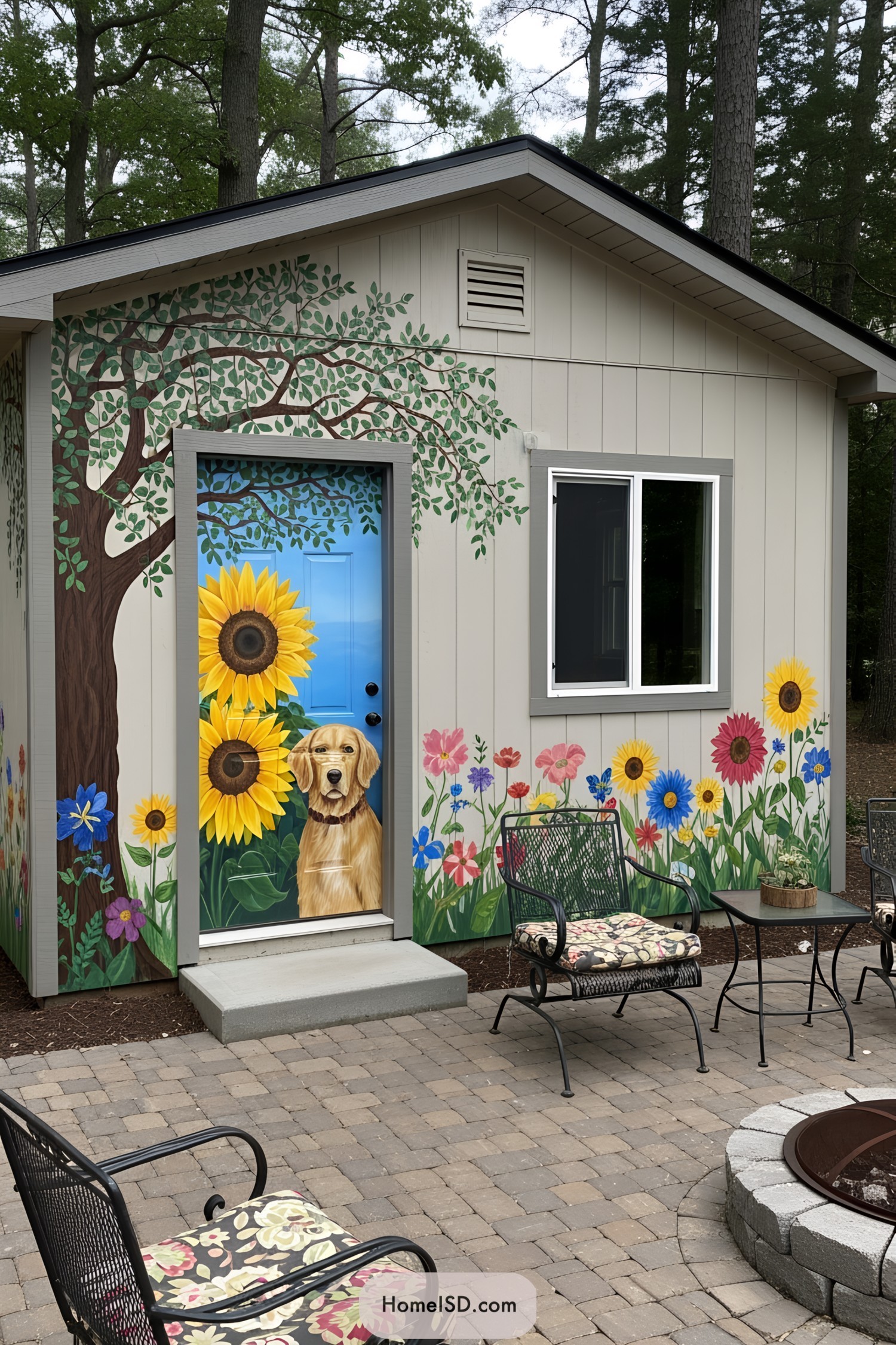 Shed with a mural of sunflowers and a dog