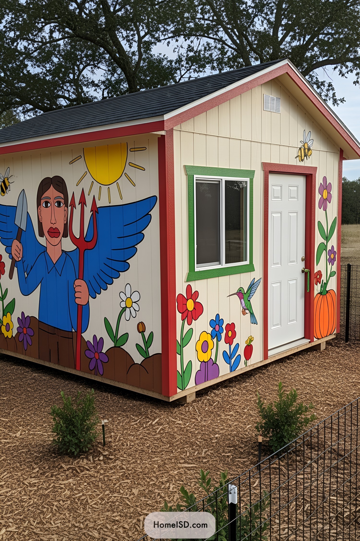 Vibrant shed mural with a gardening theme