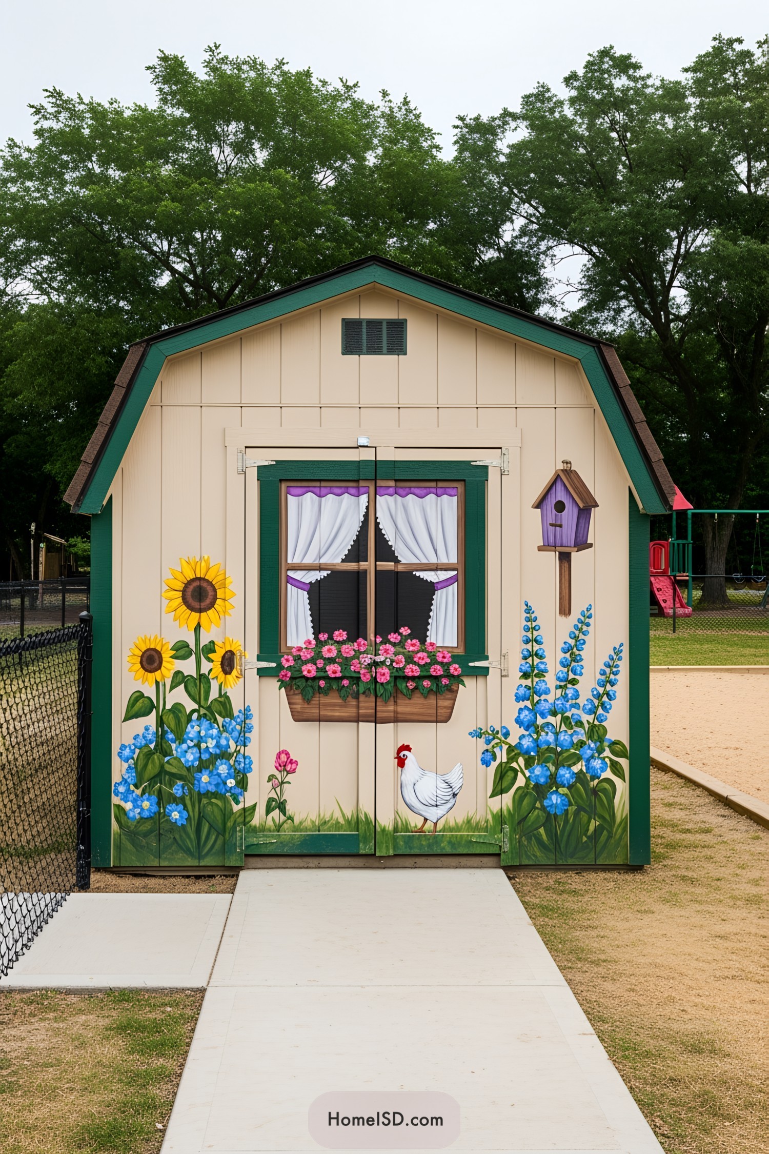 Shed painted with bright flowers and a chicken
