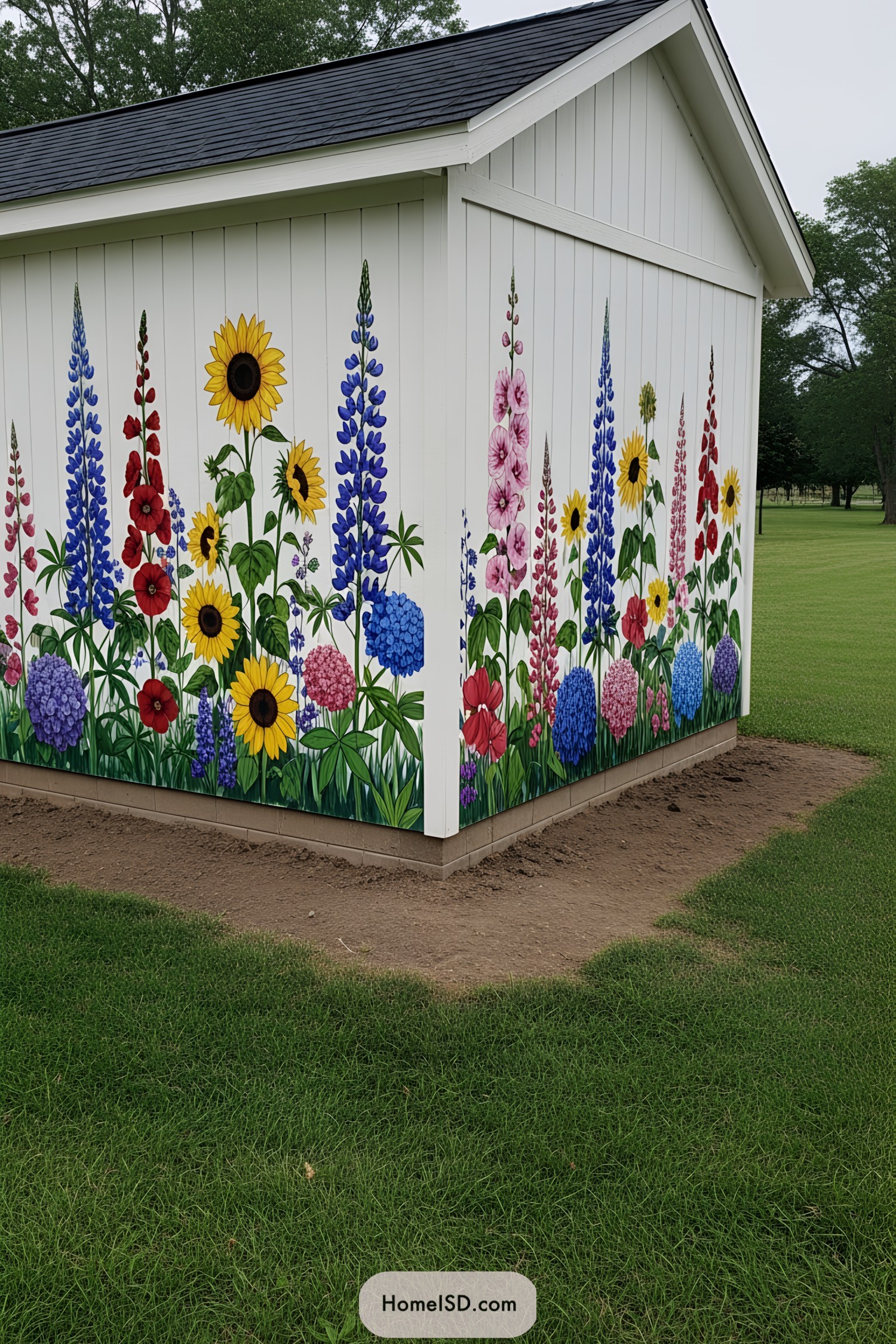 Bright floral mural on a white outdoor shed