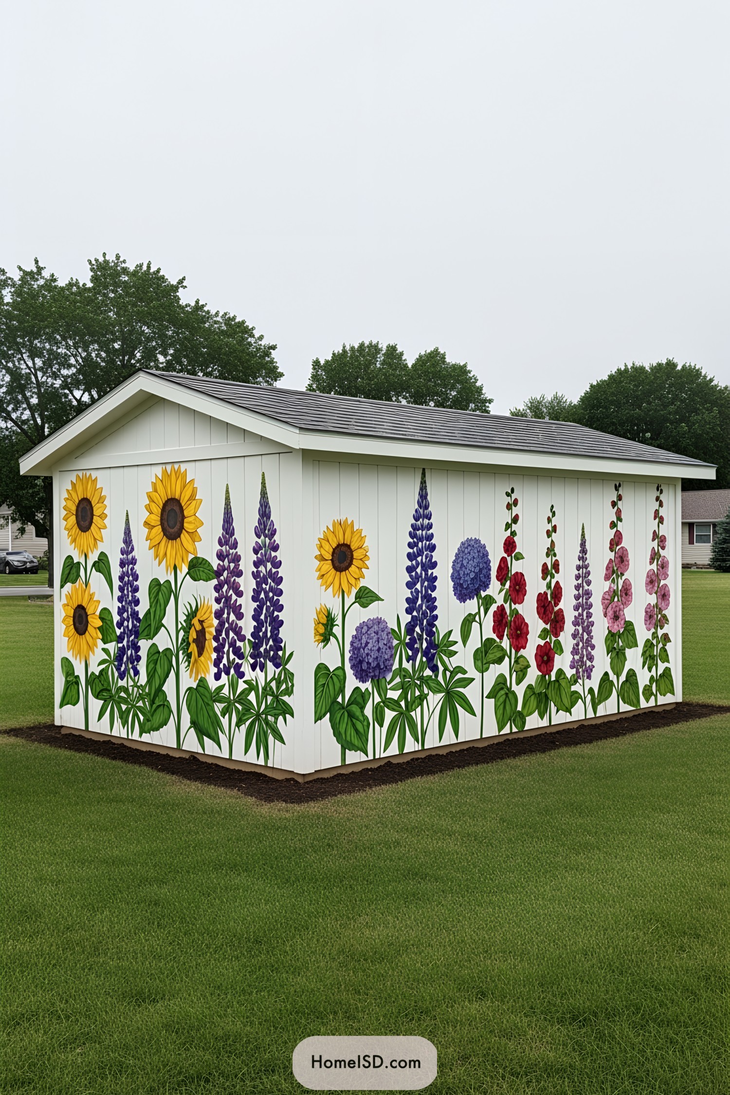 Shed with vibrant floral mural