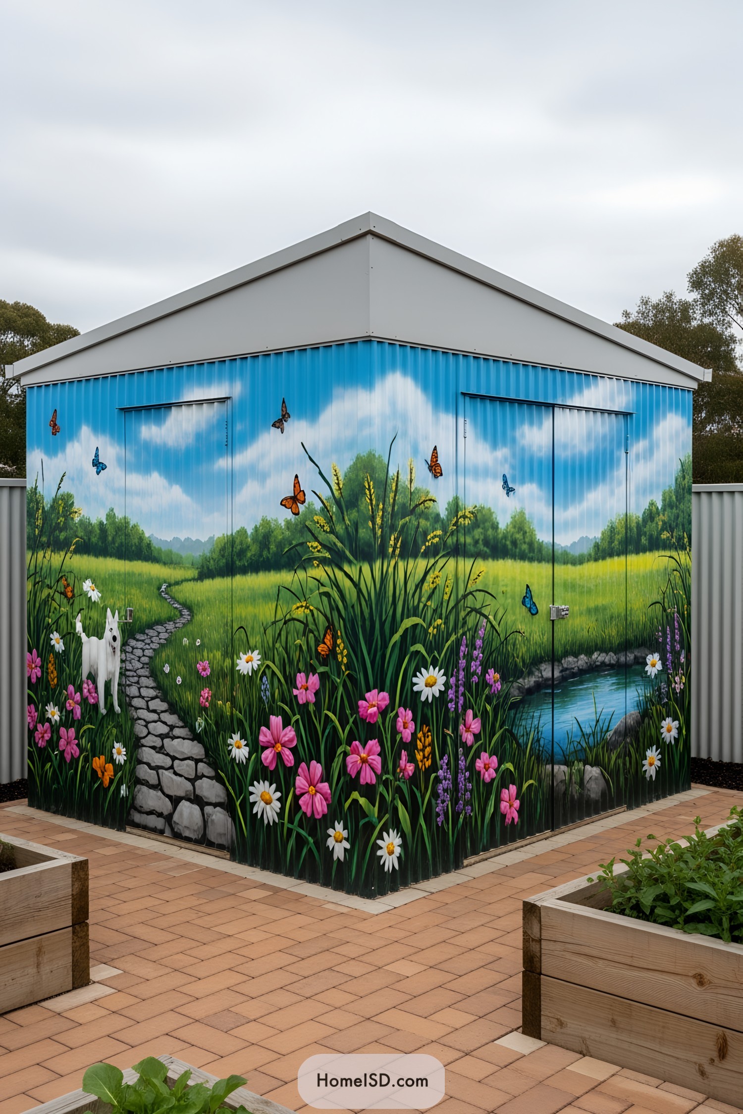 Shed with vivid nature mural featuring flowers and butterflies