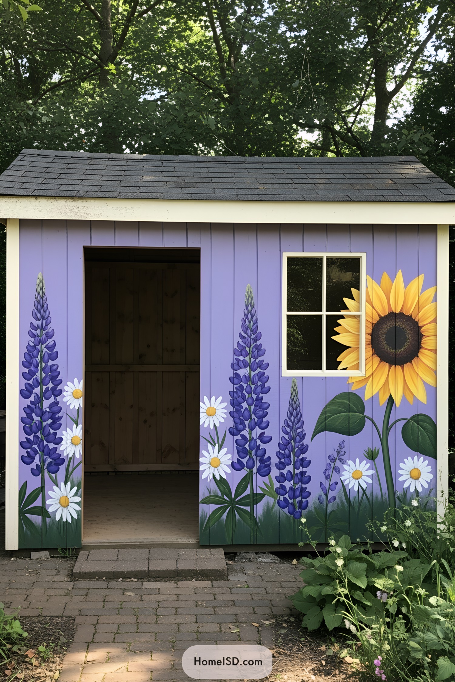 Colorful shed with sunflower and floral mural