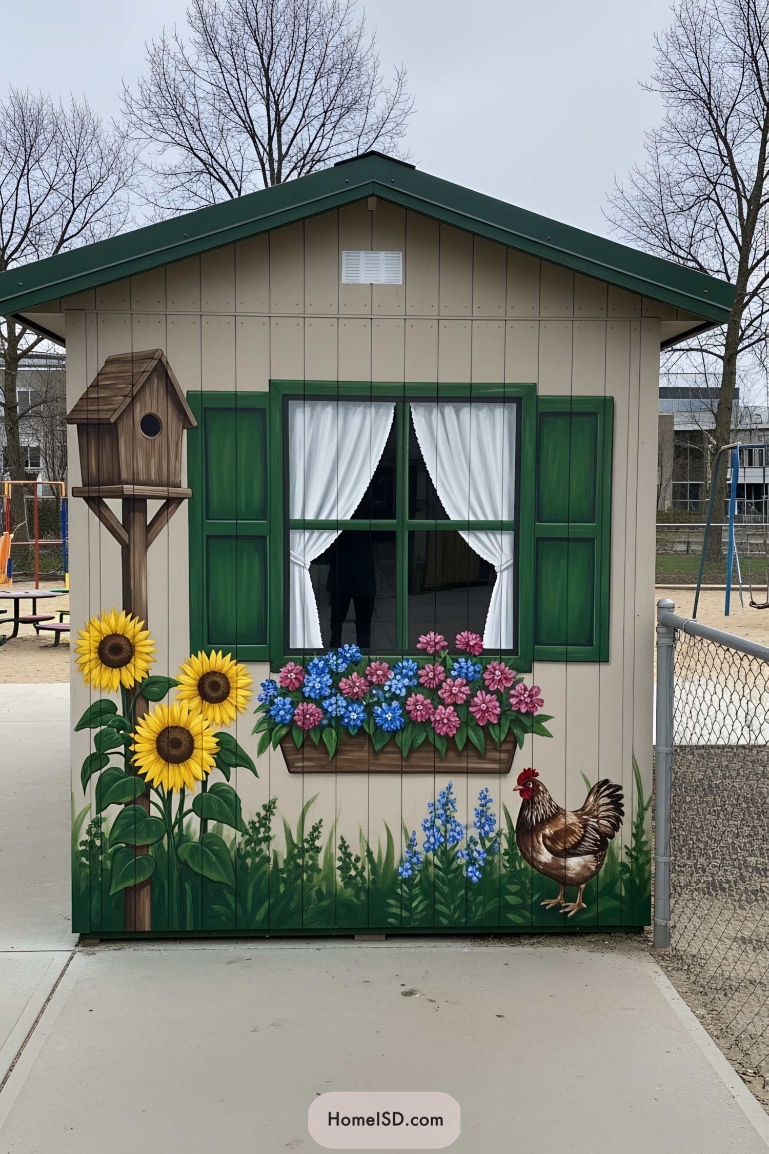 Mural of flowers, a birdhouse, and a rooster on a shed