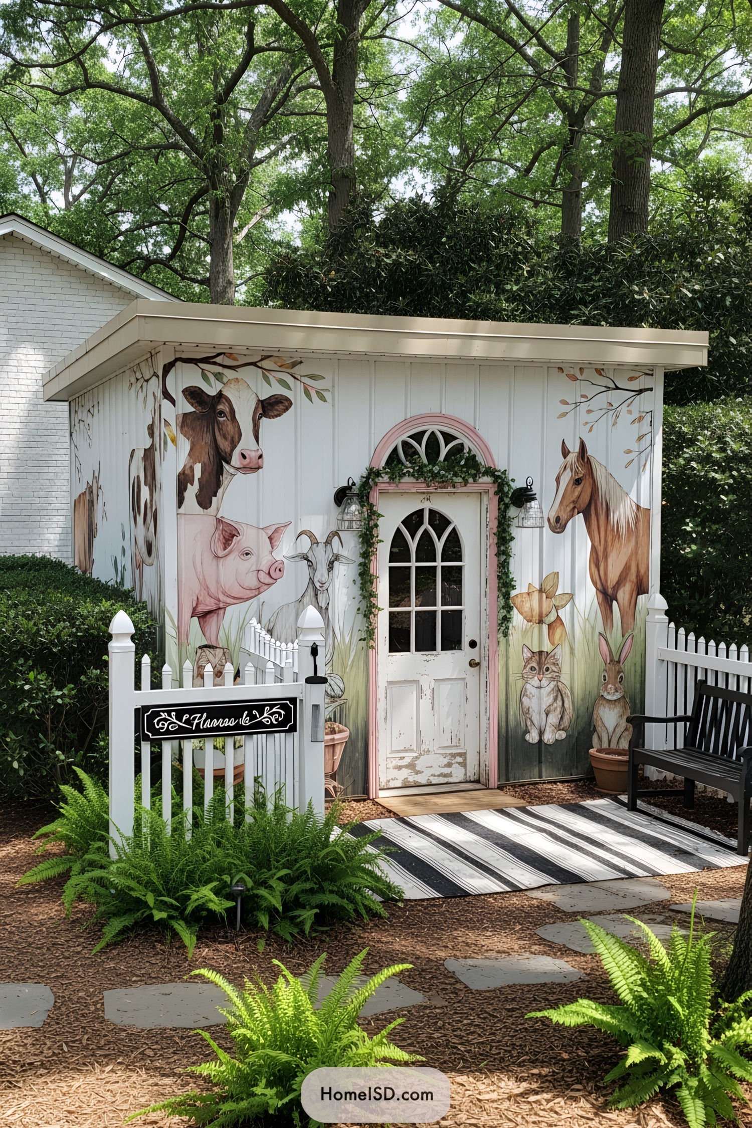 Mural of farm animals on an outdoor shed surrounded by trees and plants