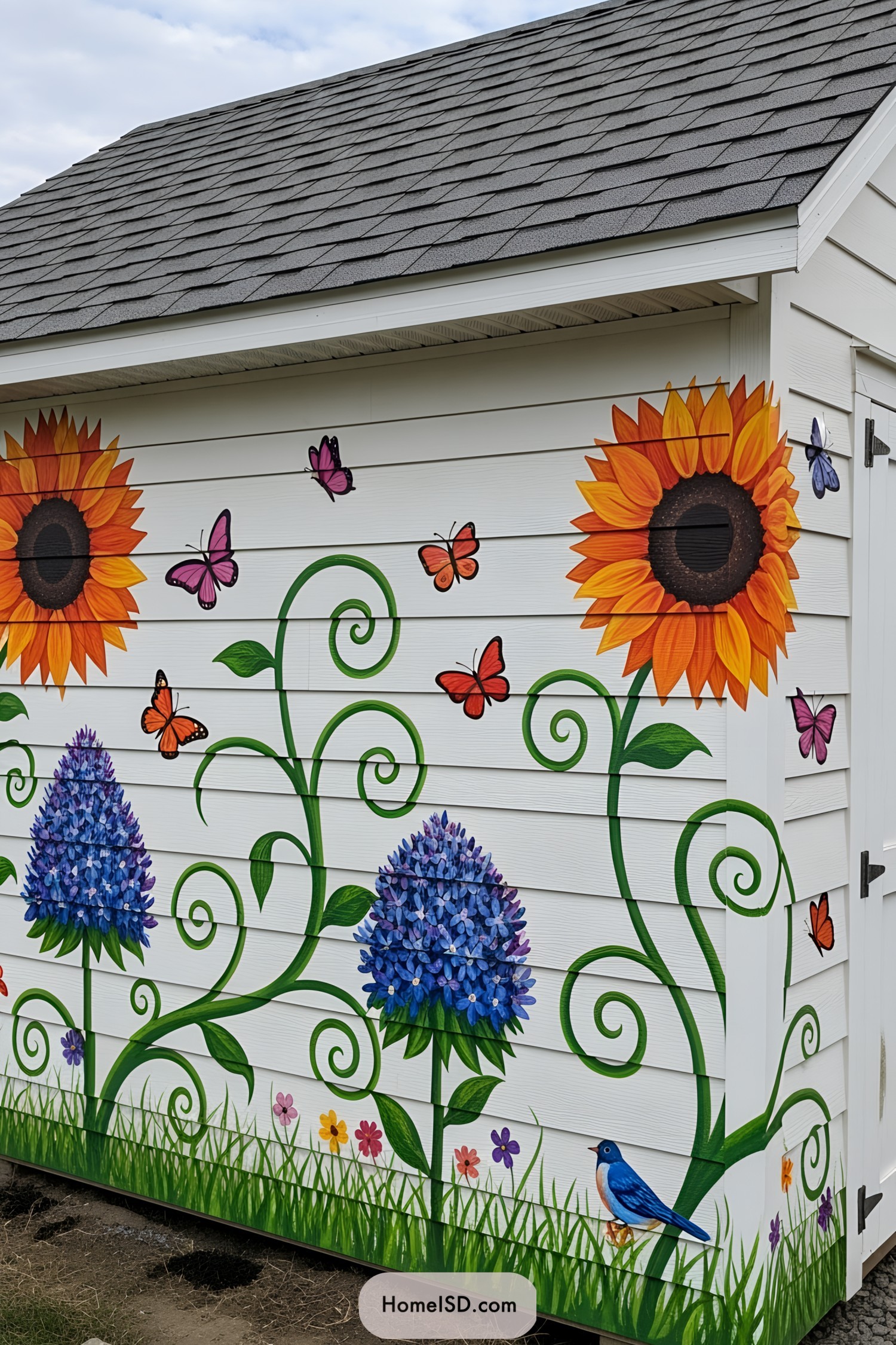 Shed adorned with bright flowers and butterflies