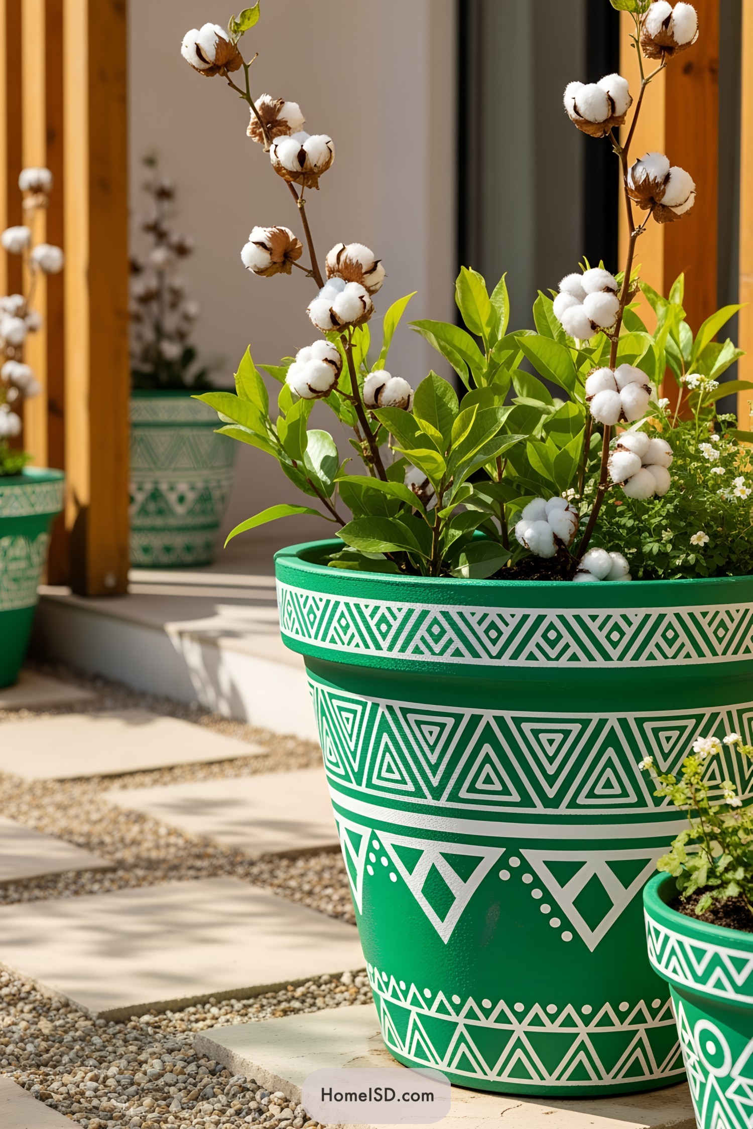 Green and white patterned flower pots with plants