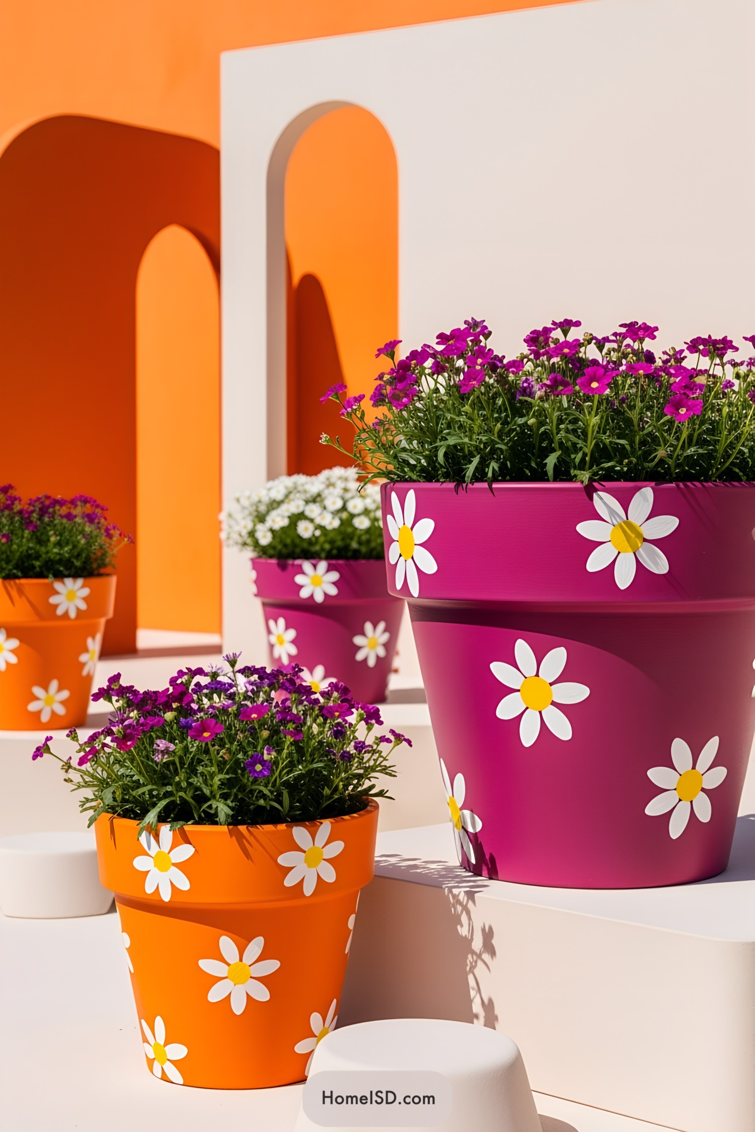 Brightly painted flower pots with vibrant flowers under sunlight