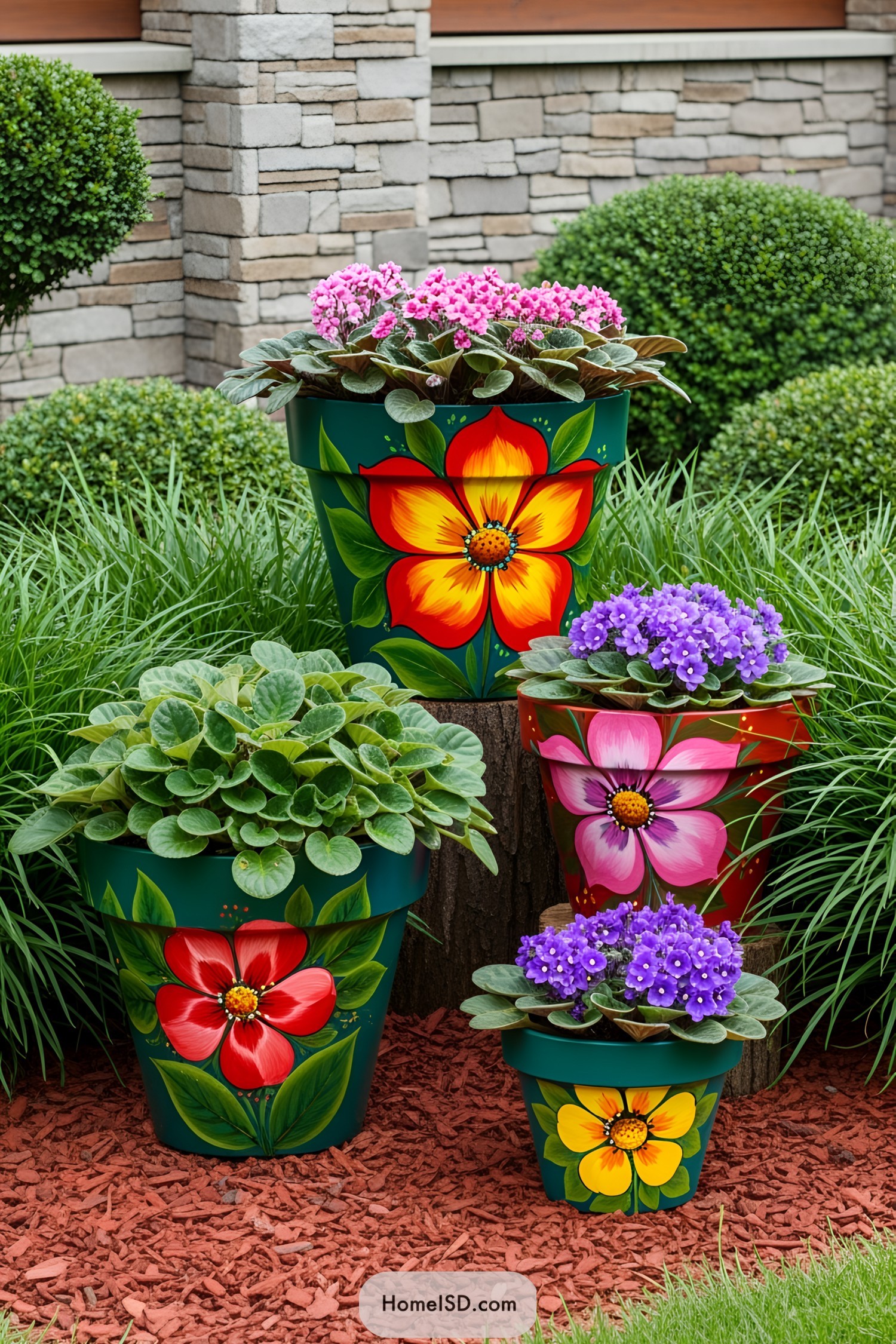 Painted flower pots with bright floral designs and colorful blooms