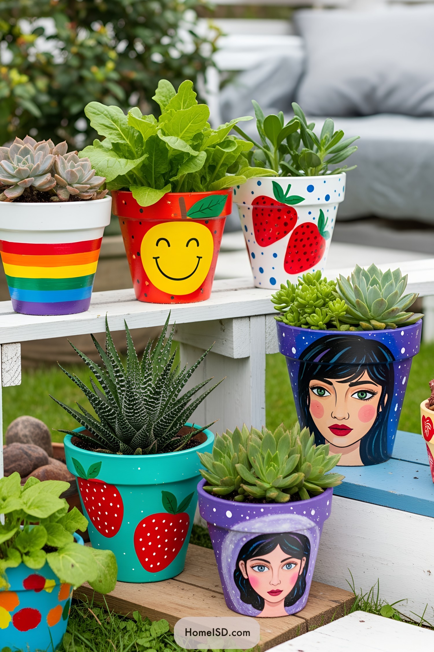 Colorful painted flower pots with various designs