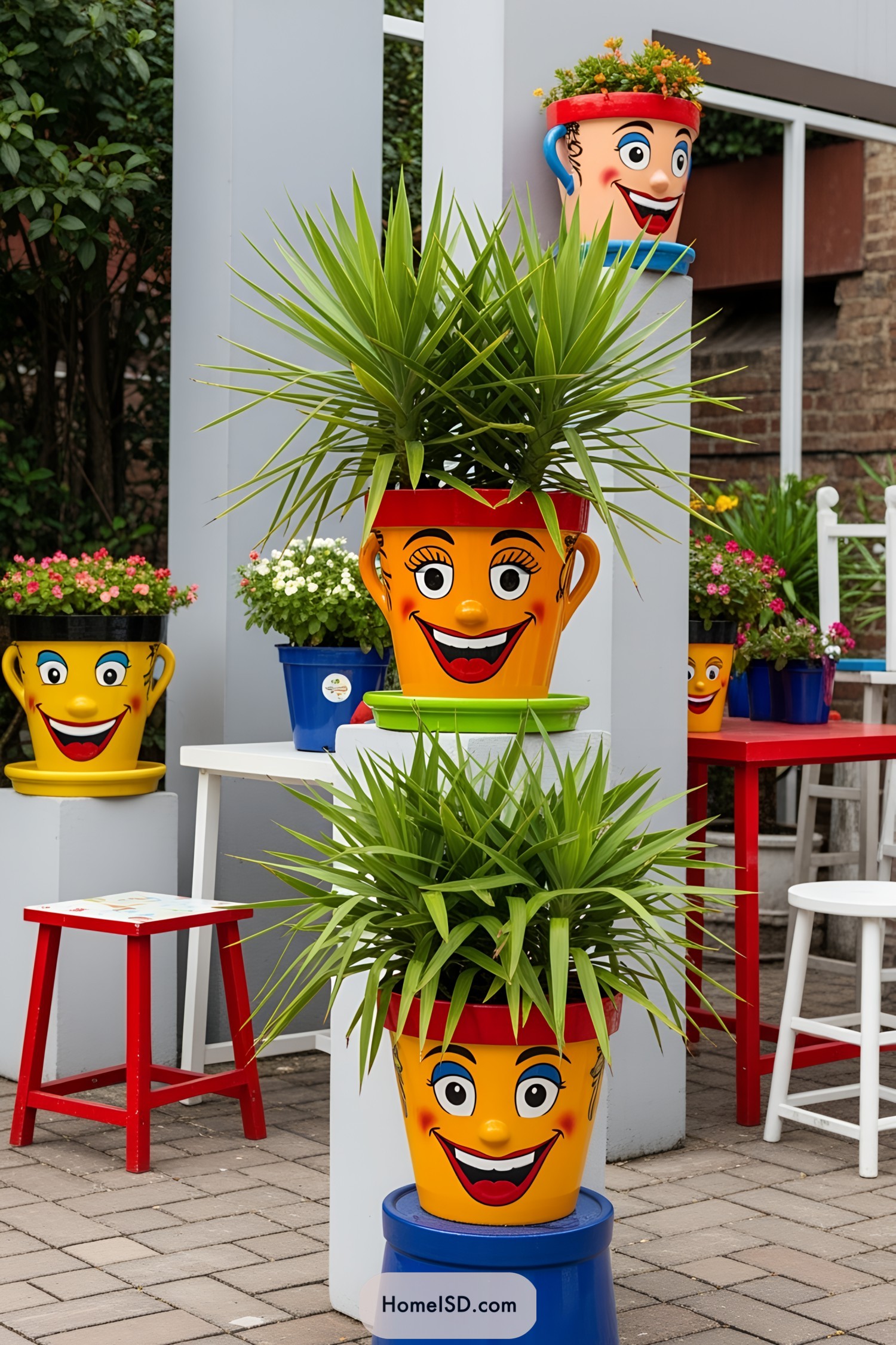 Colorful pots with smiling faces and green plants