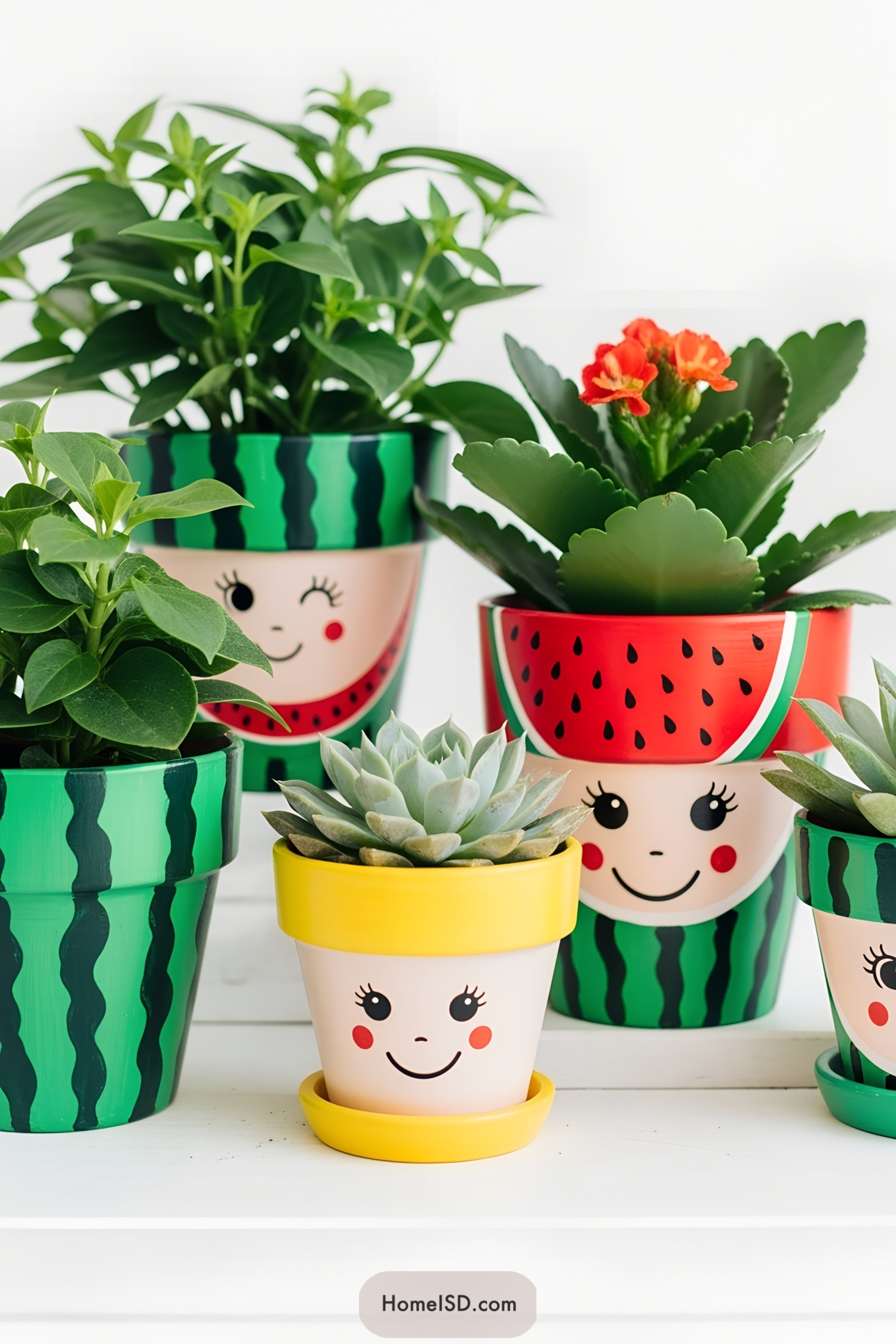 Playful garden display with vibrant, hand-painted flower pots featuring watermelon patterns and cheerful faces. Lush green foliage and a delicate succulent add natural contrast to the whimsical pots. The arrangement rests on a clean, minimal white wooden surface for a fresh and lively atmosphere. No visible architecture or furnishings; the focus remains on the charming, plant-centric presentation.