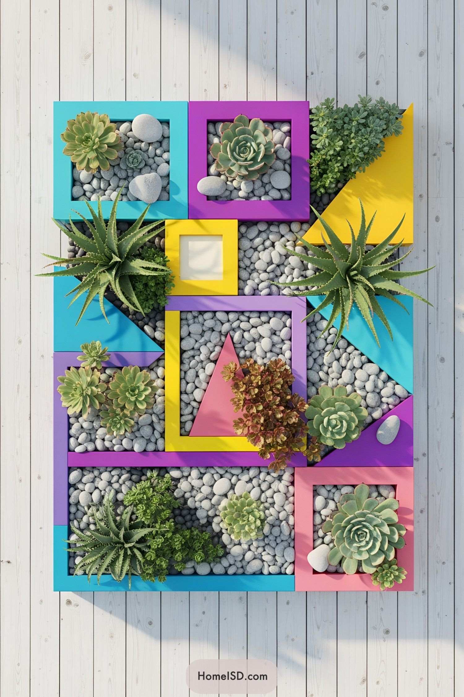 Colorful geometric pots with succulents and pebbles on a wooden deck