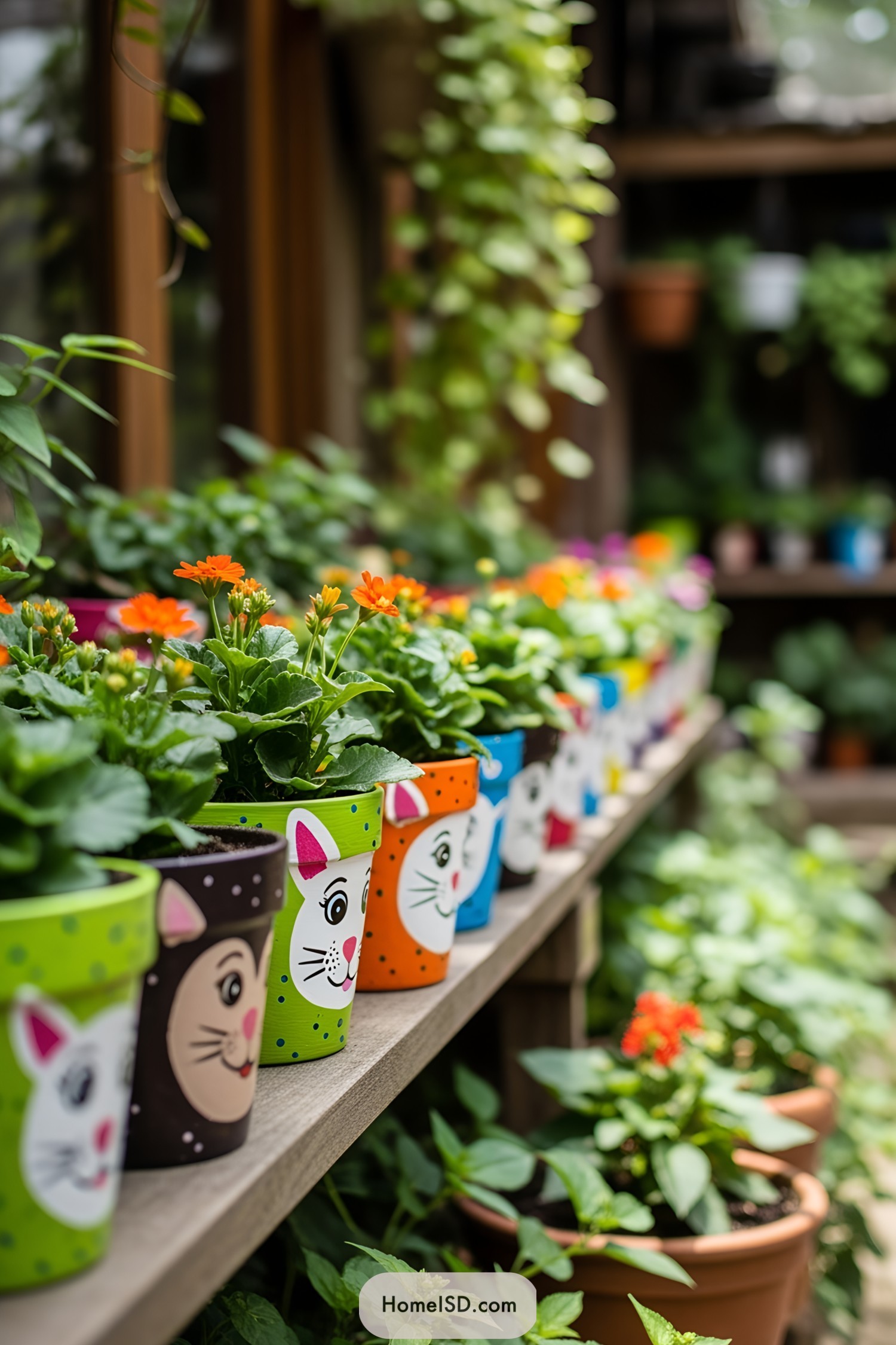 Line of cat face painted pots with orange flowers