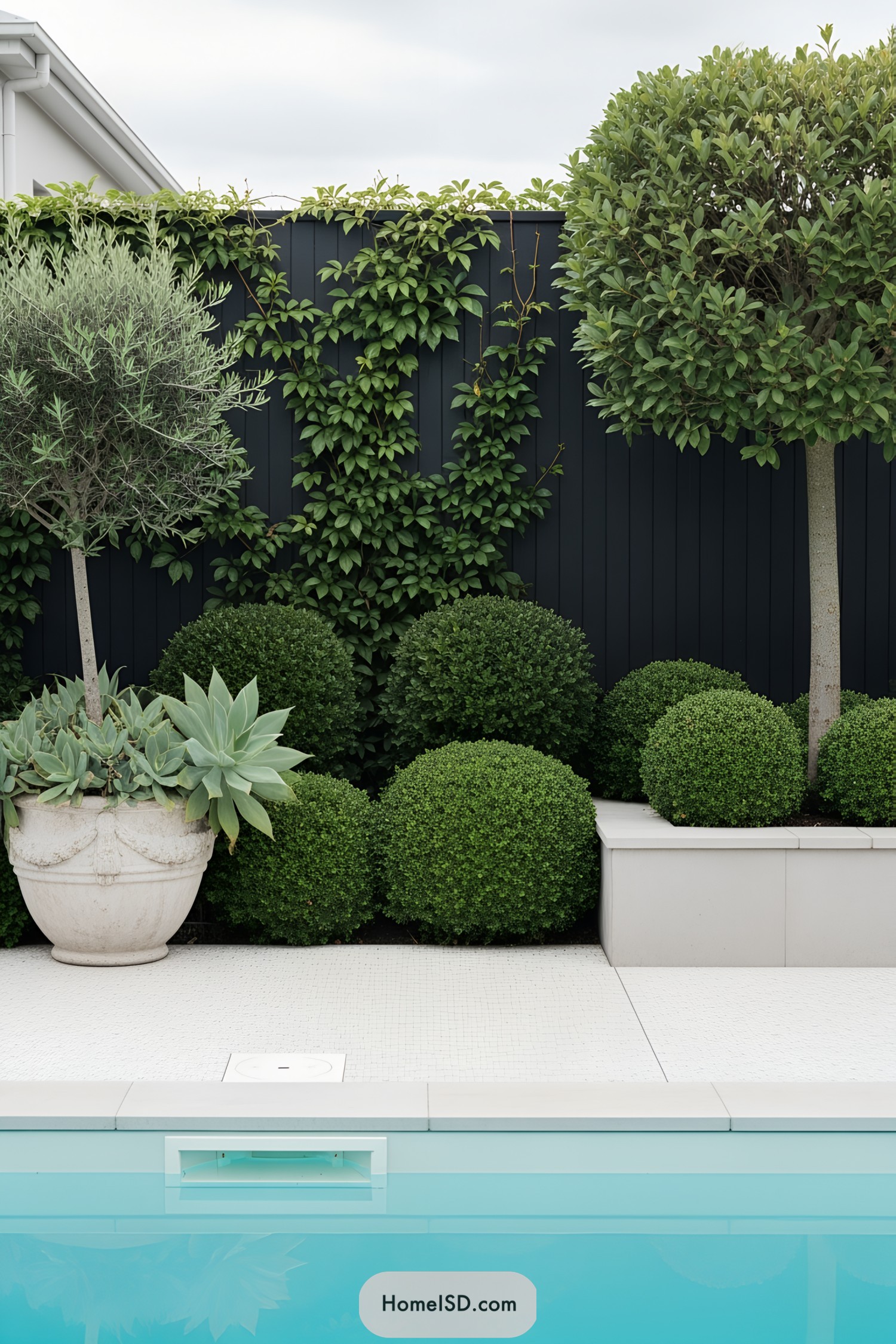 Poolside greenery with topiary and a potted plant