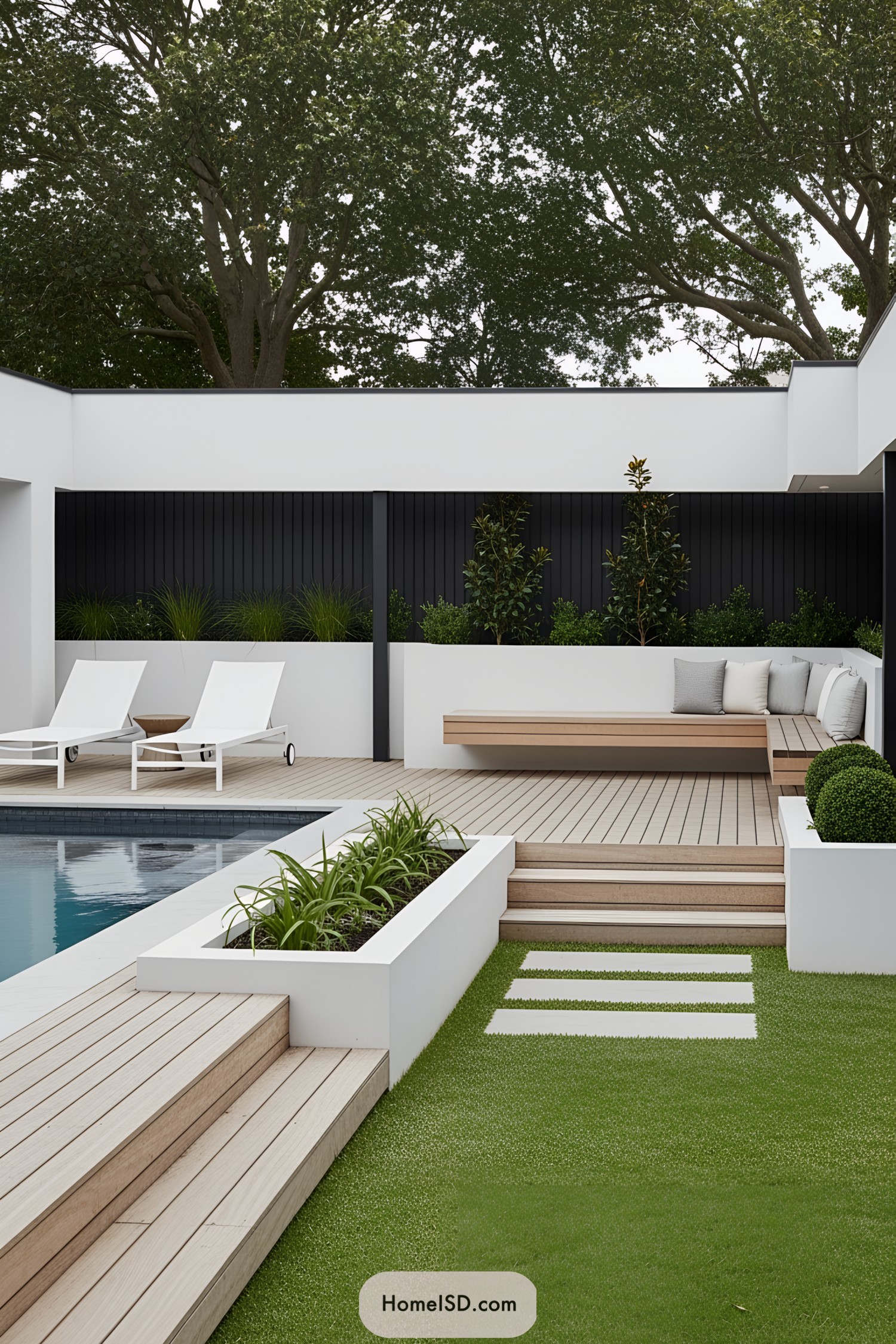 Modern poolside area with lounge chairs and greenery
