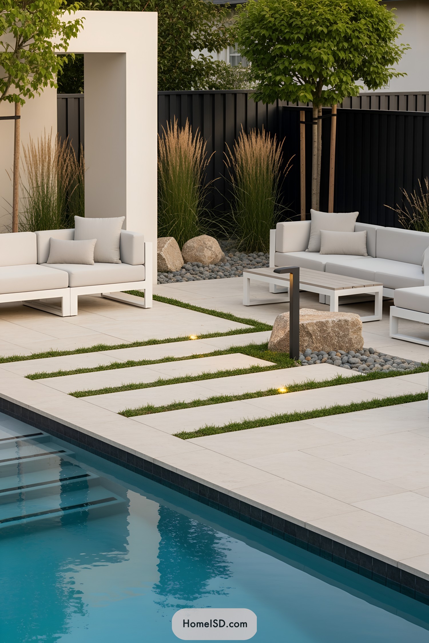 Chic outdoor seating by a sleek pool
