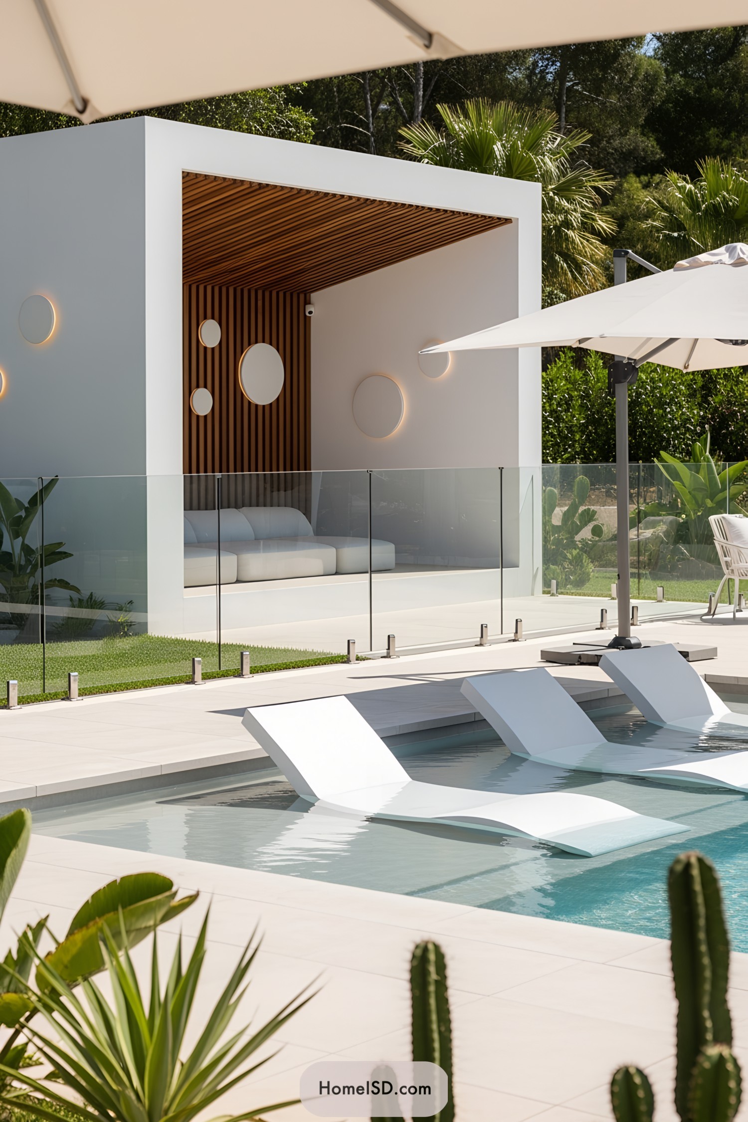 Stylish outdoor lounging area with pool and lush greenery