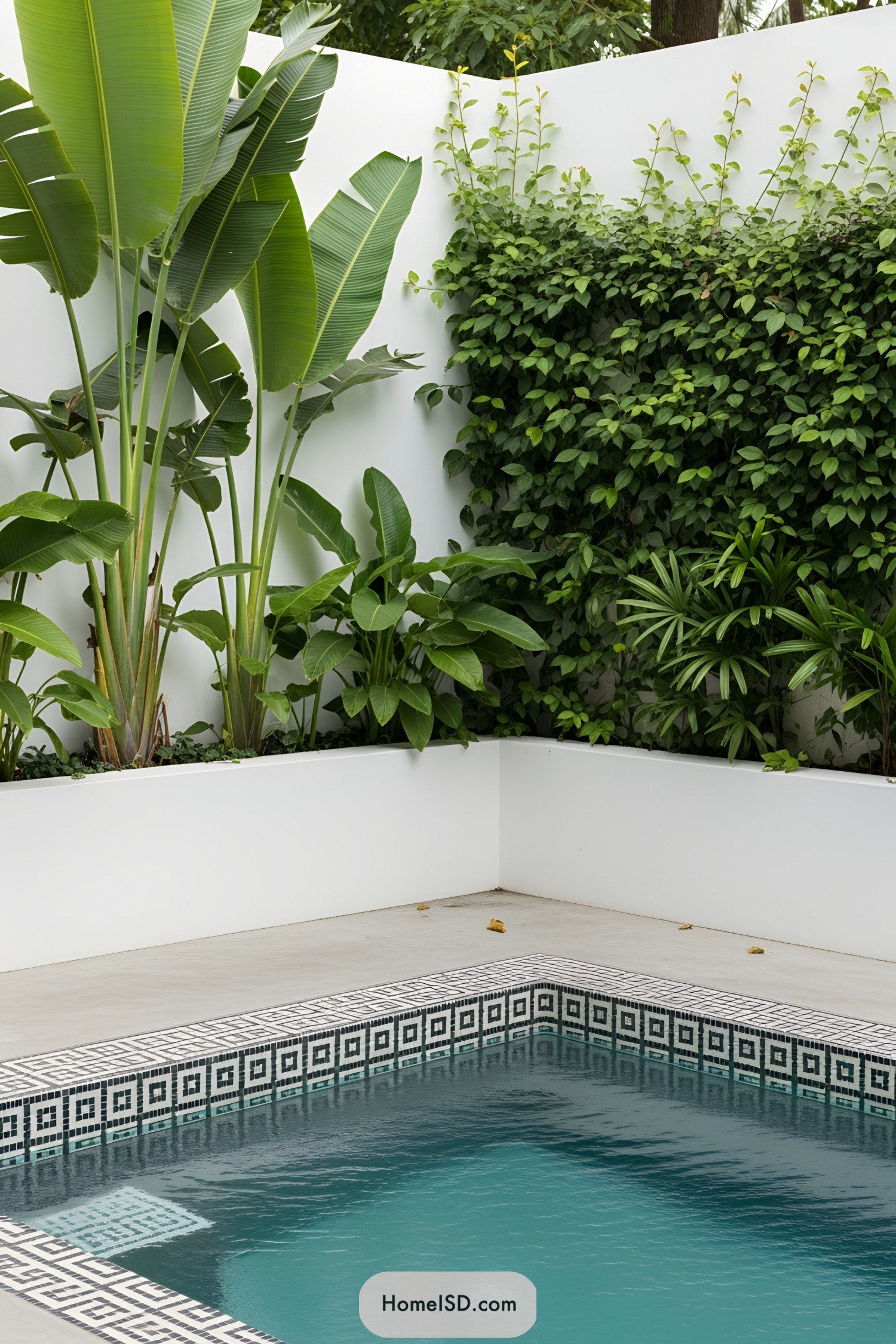 Small pool surrounded by vibrant green plants and white walls