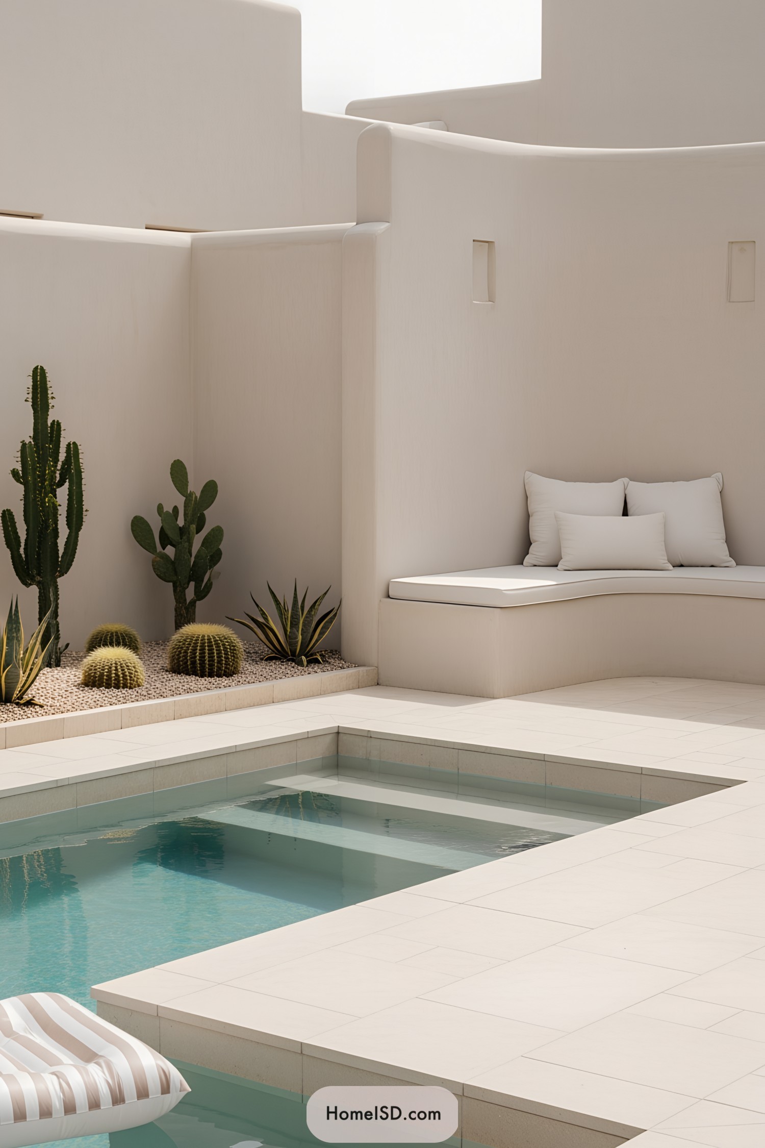 Modern pool area with cacti and minimalist seating