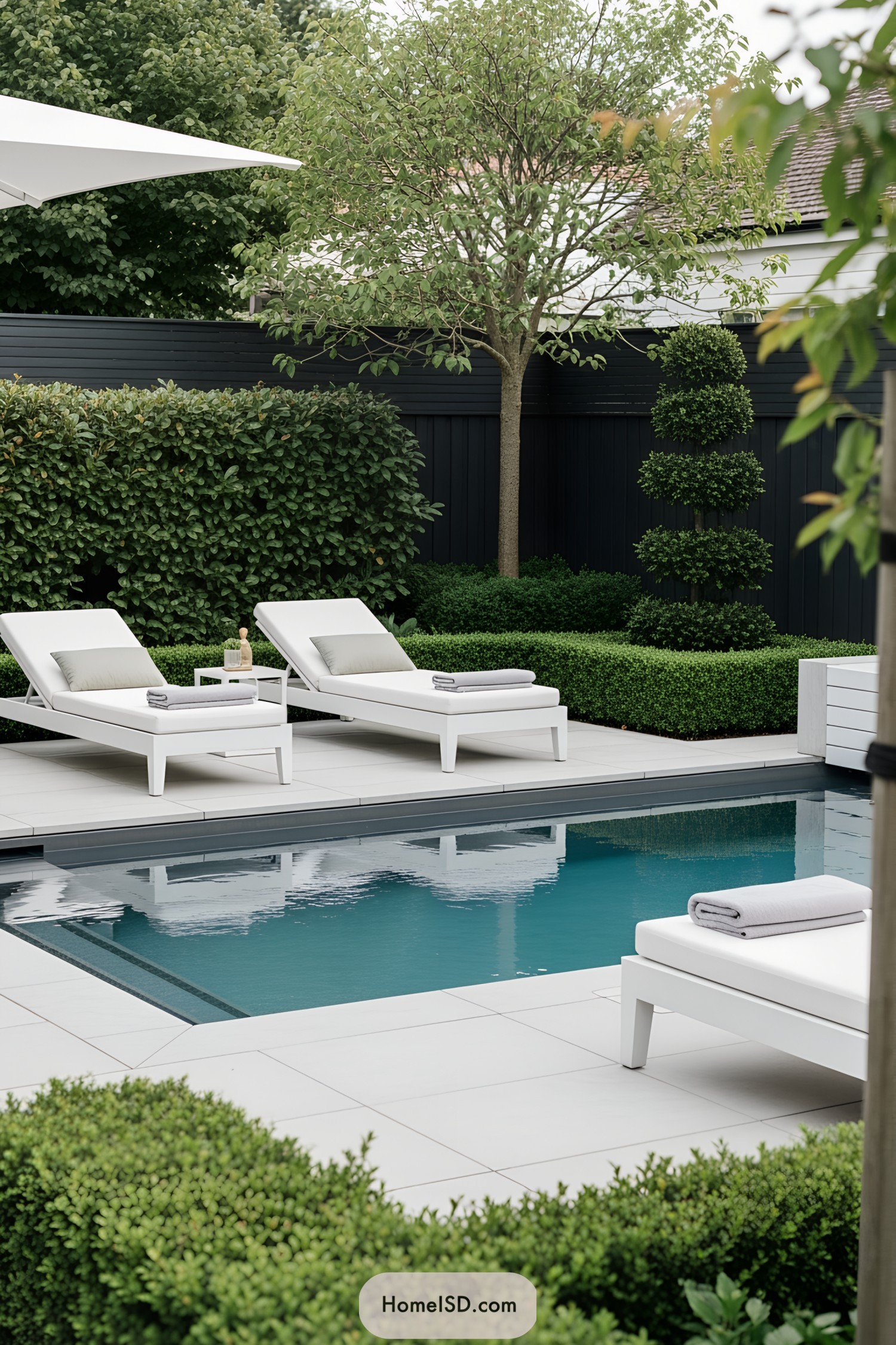 Luxury loungers by a secluded pool surrounded by lush greenery
