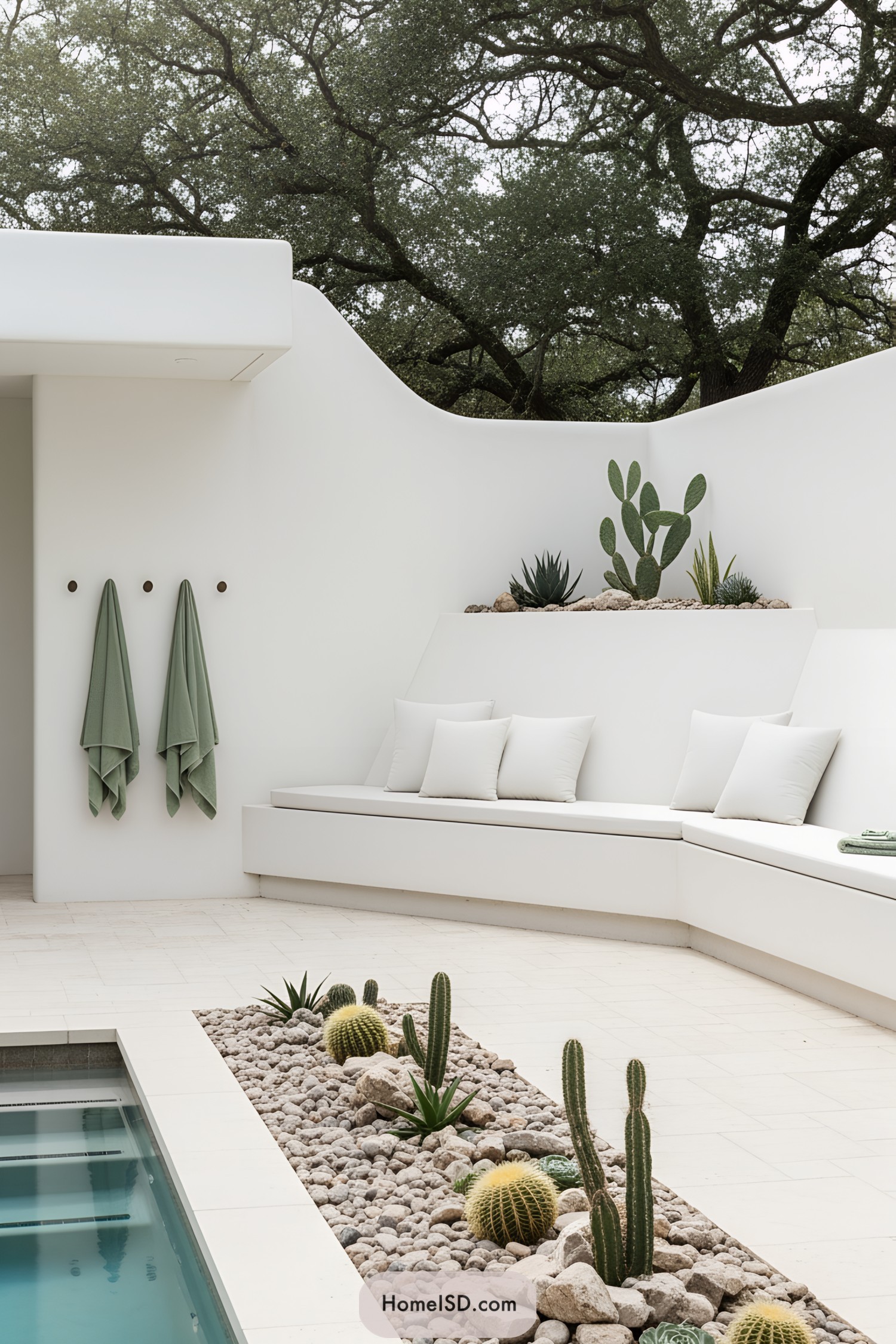 Stylish pool area with cacti and smooth white surfaces