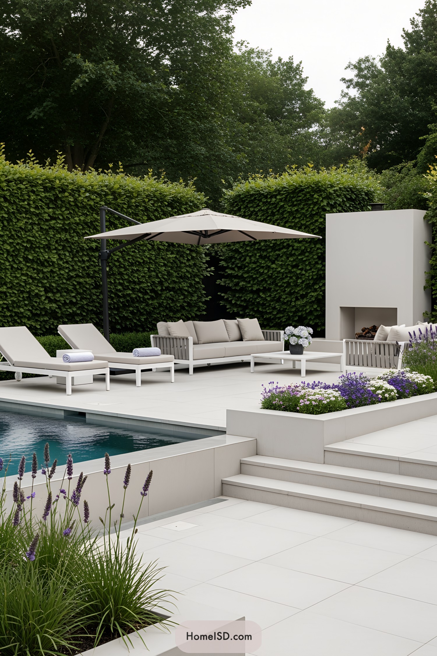 Modern poolside with sleek furniture and lush greenery
