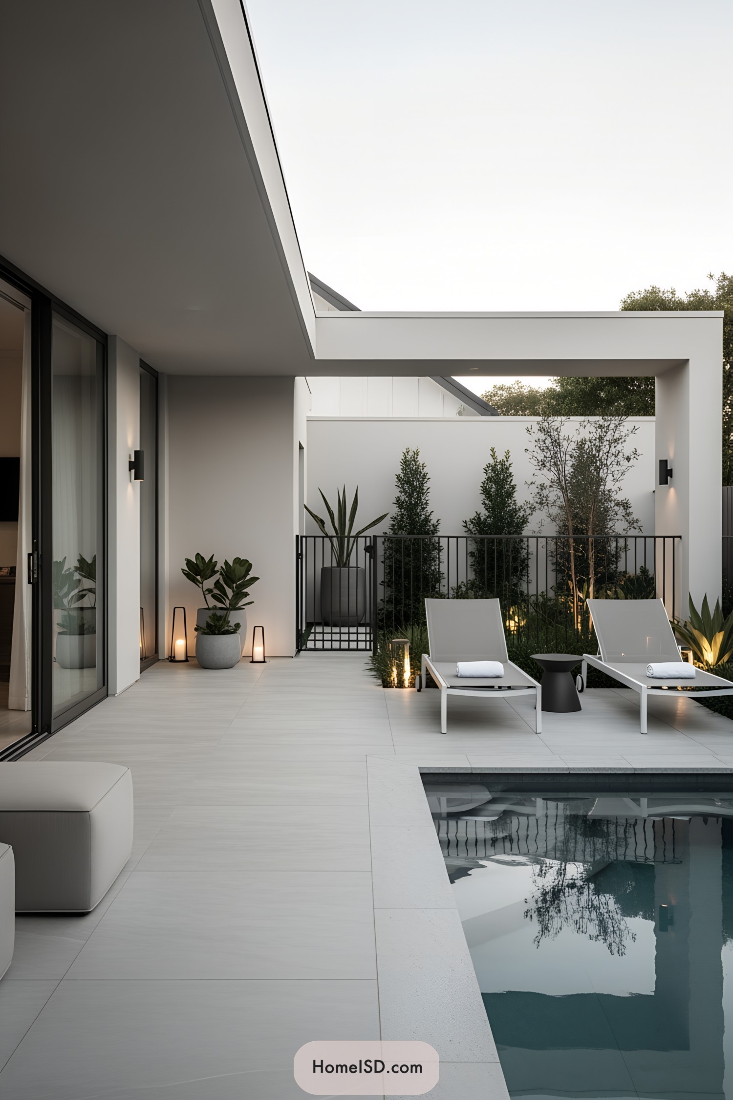 Modern pool area with sleek lounge chairs