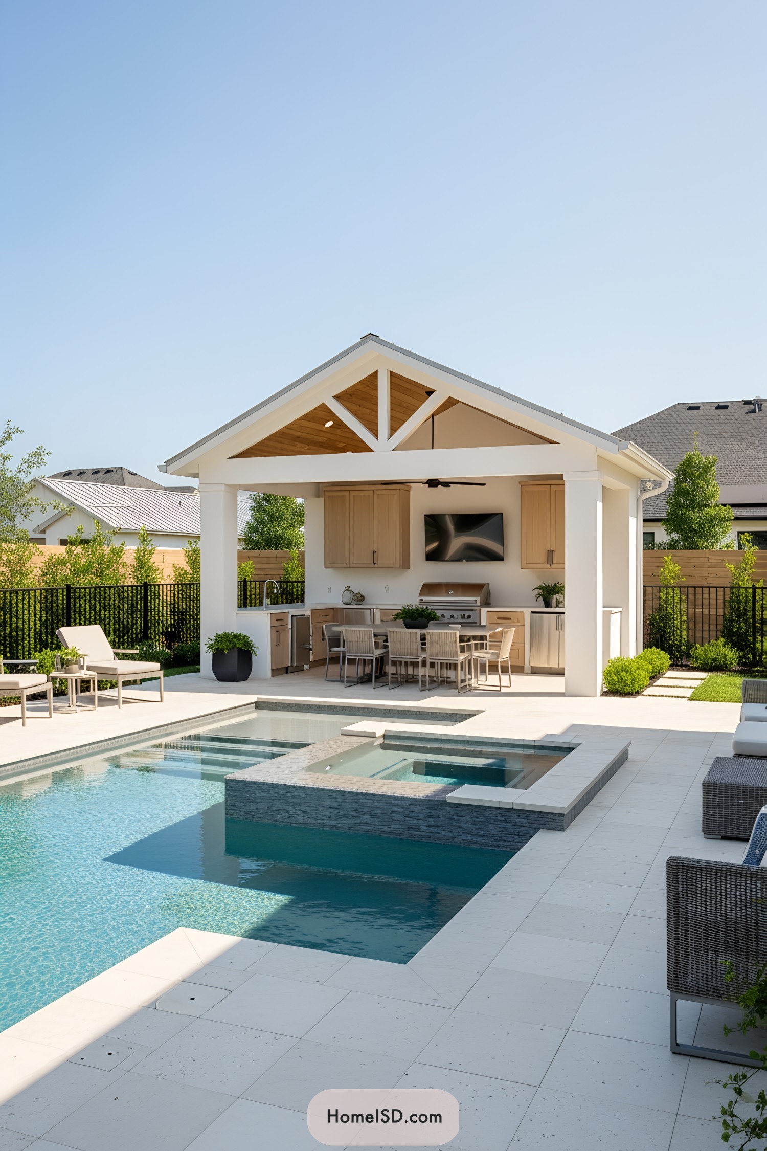 A stylish pool area with a patio and modern amenities