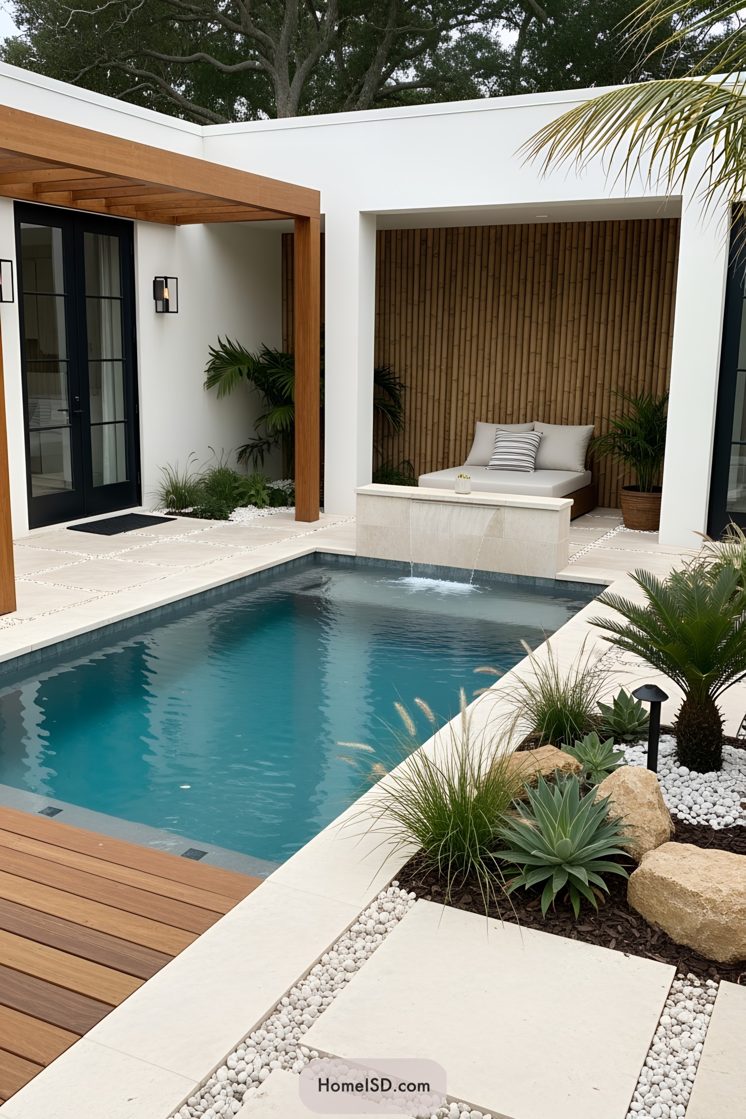 Stylish poolside with plants and modern seating