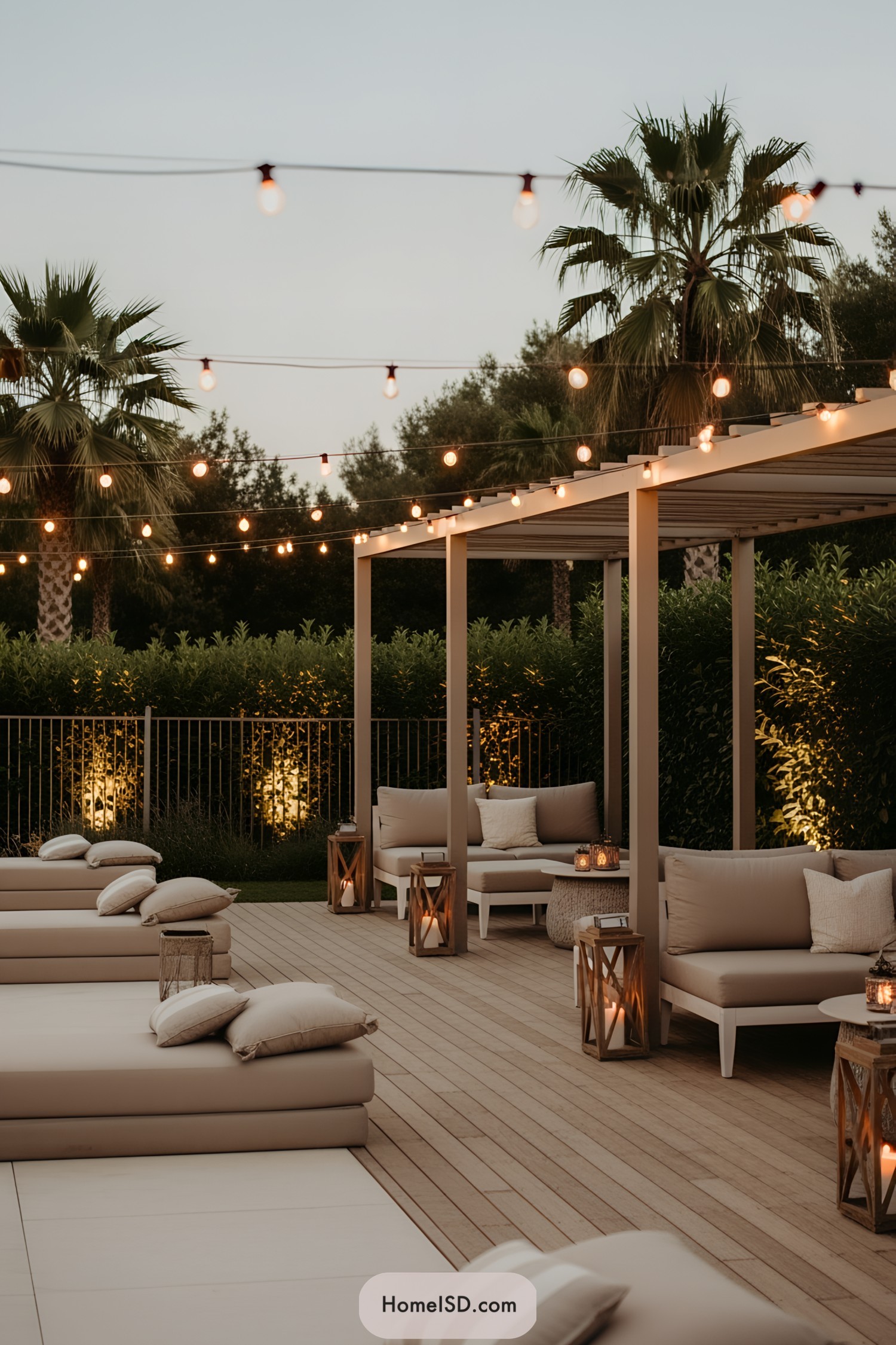 Elegant poolside area with string lights and plush seating