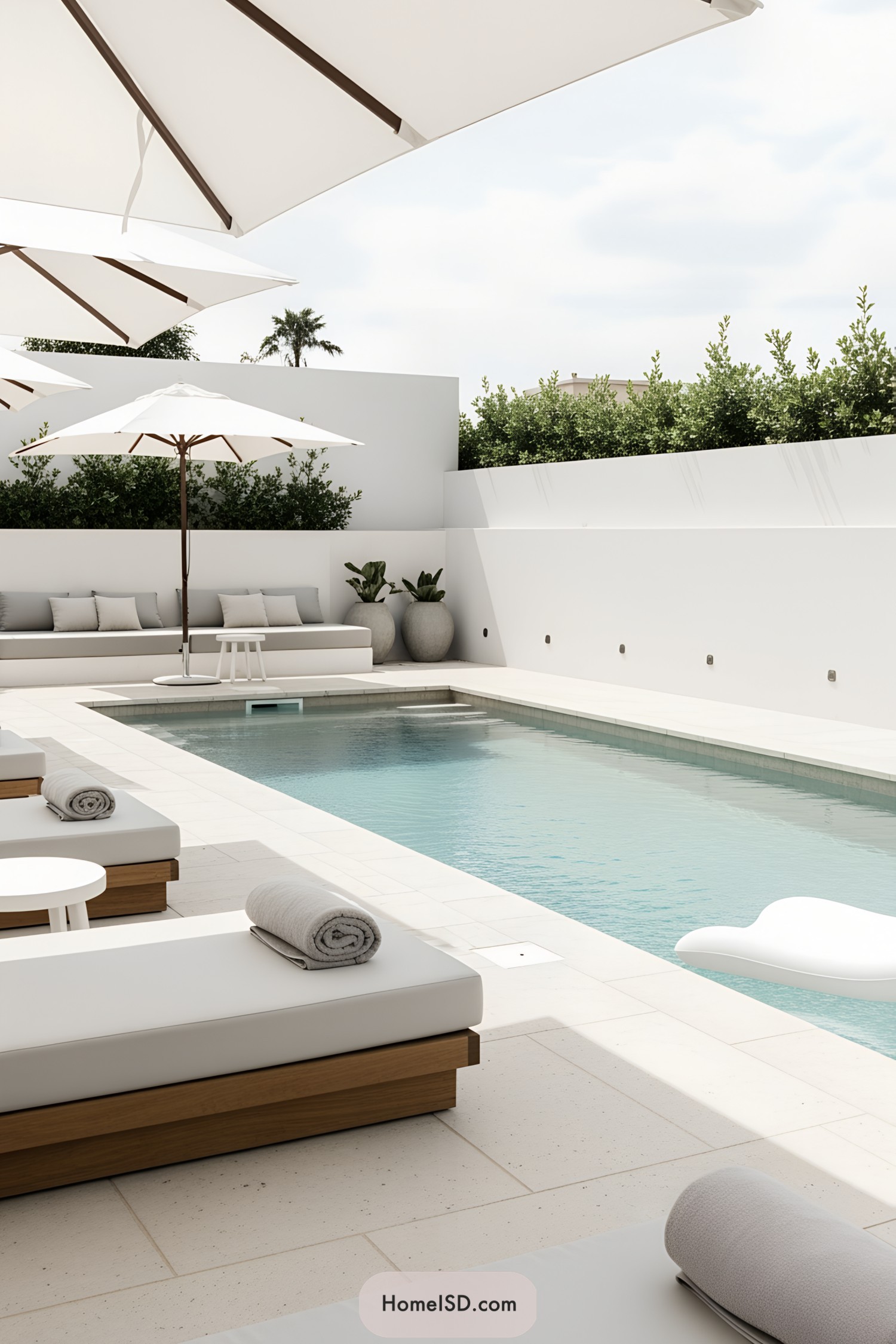 Stylish pool area with white loungers and umbrellas