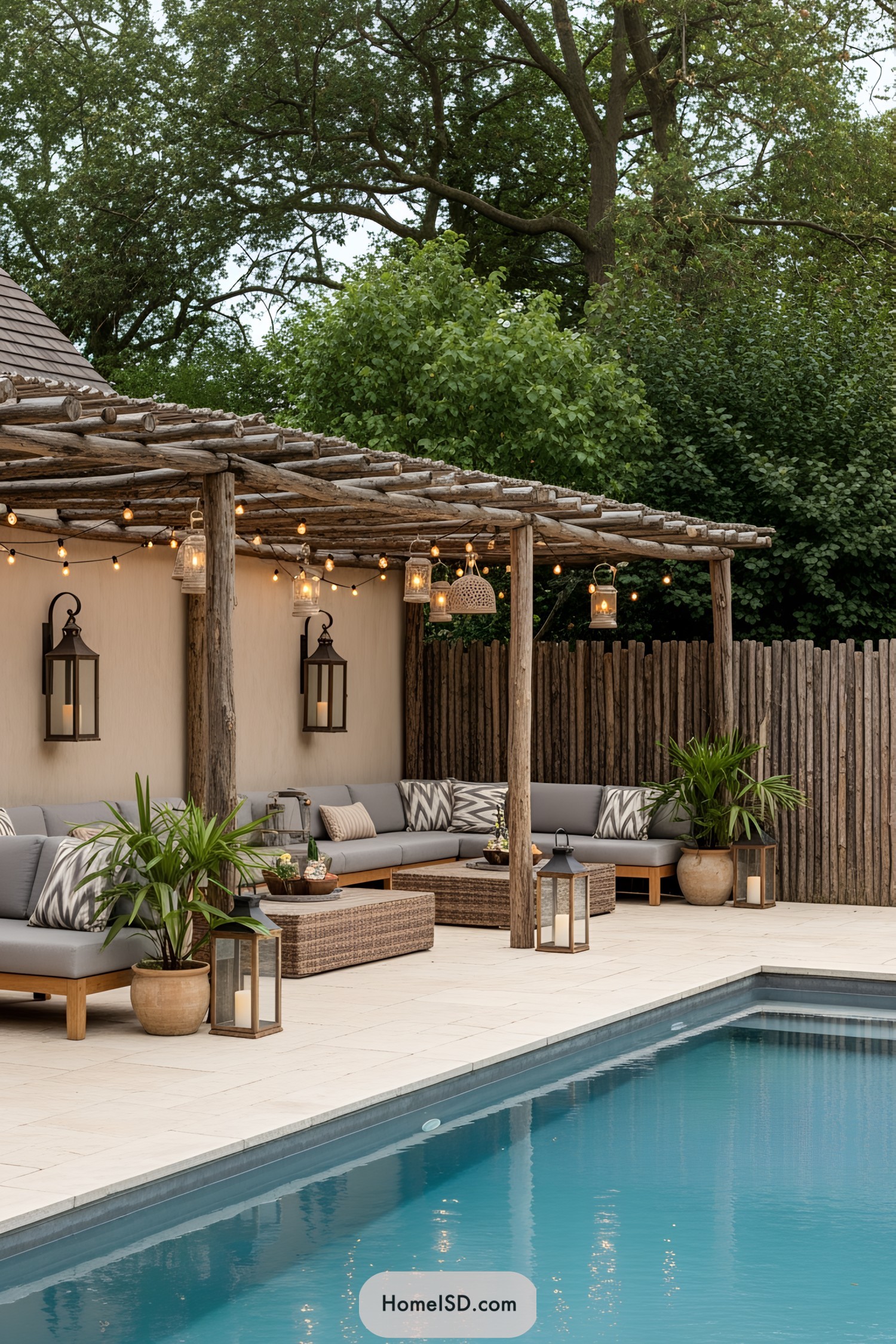 Charming pool area with cozy seating under wooden pergola and warm lighting