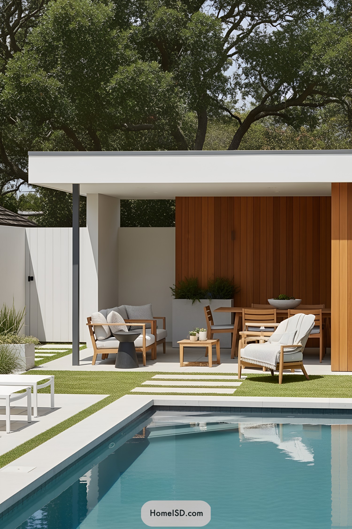 Modern patio with wooden accents and pool