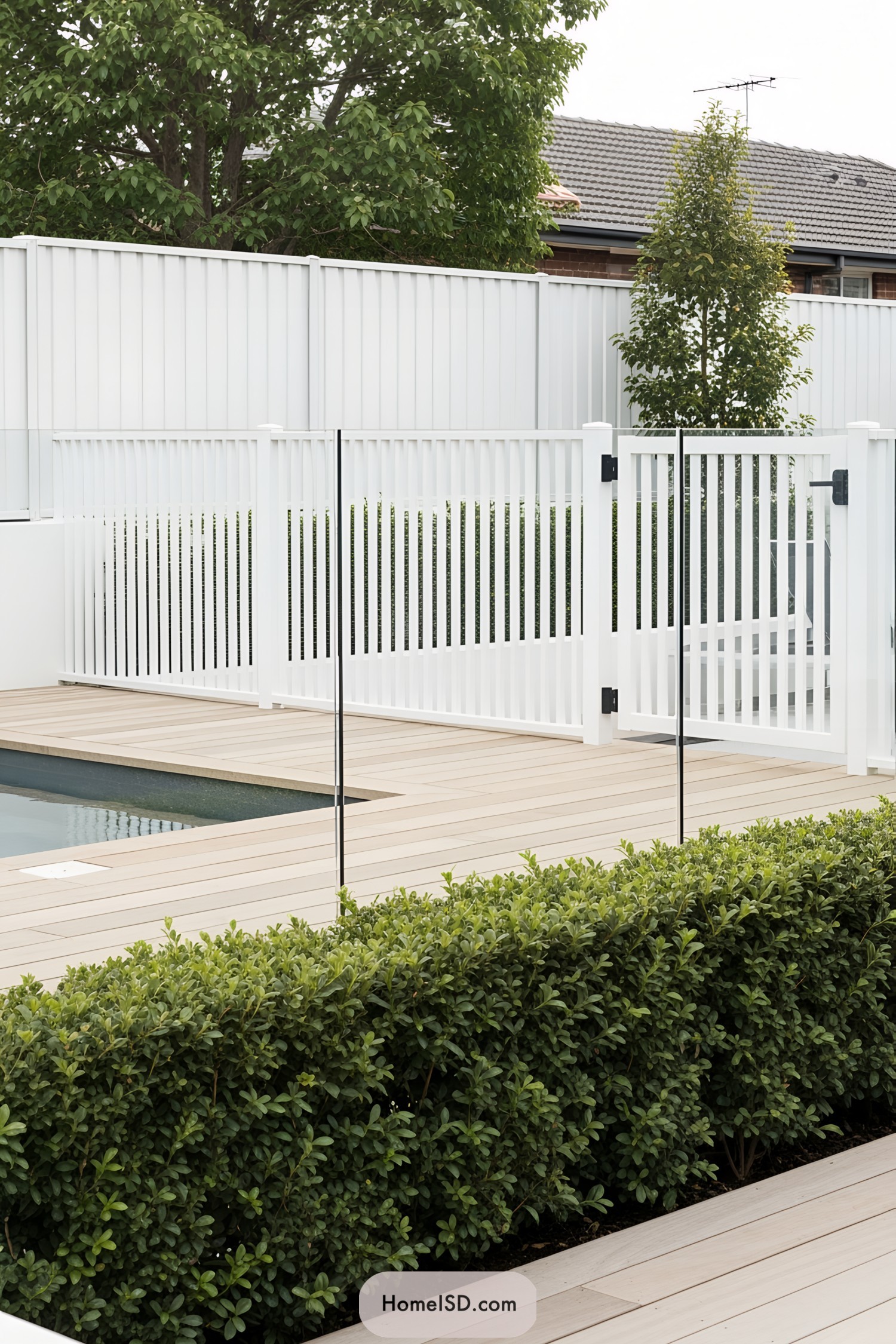 Modern poolside area with white fence and glass panels