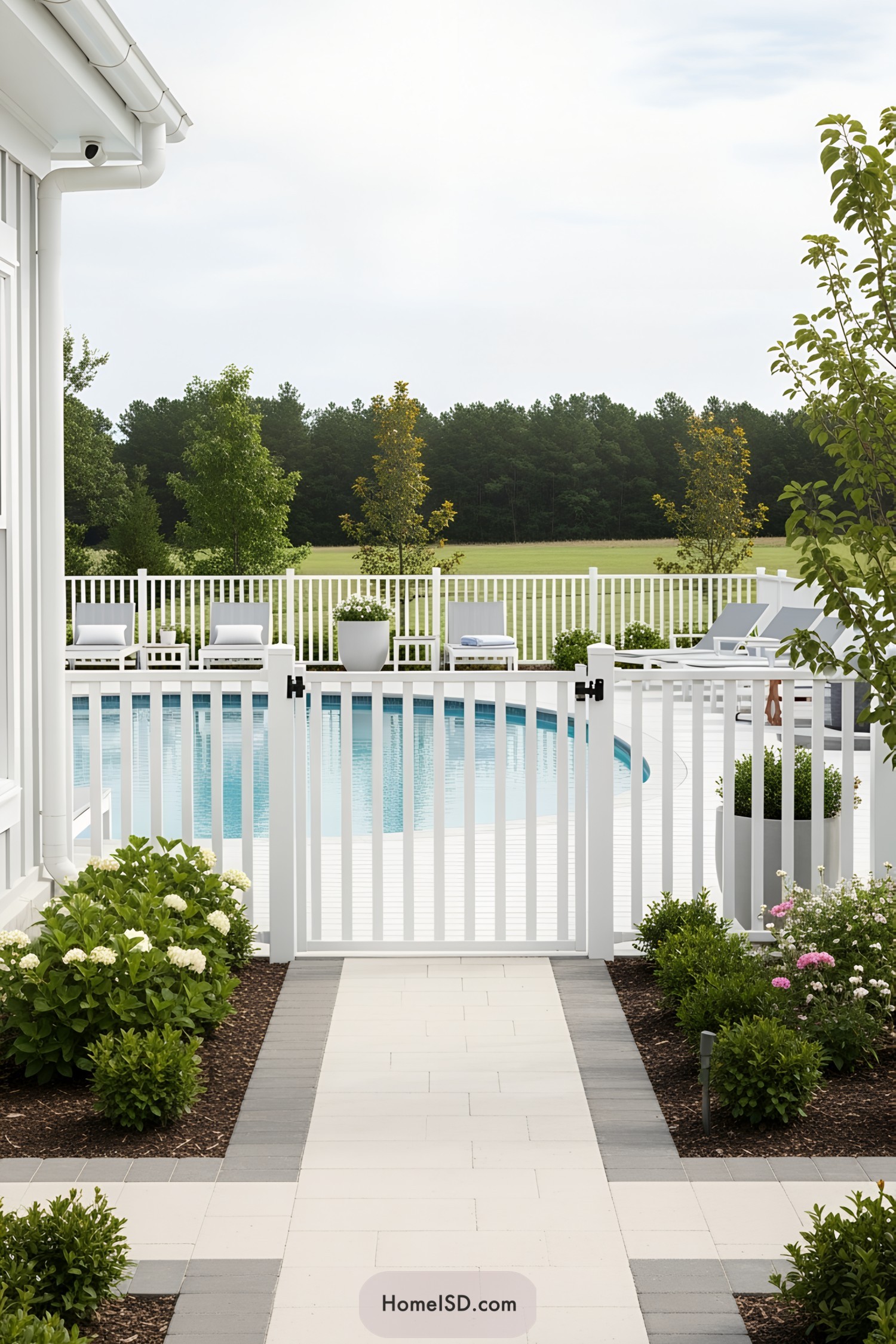 White fence surrounding a pool with neatly arranged lounge chairs and potted plants