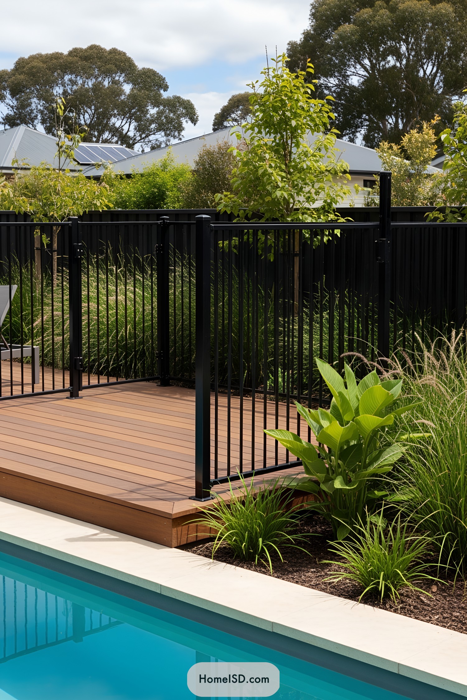 Modern pool area with a black fence and wooden deck