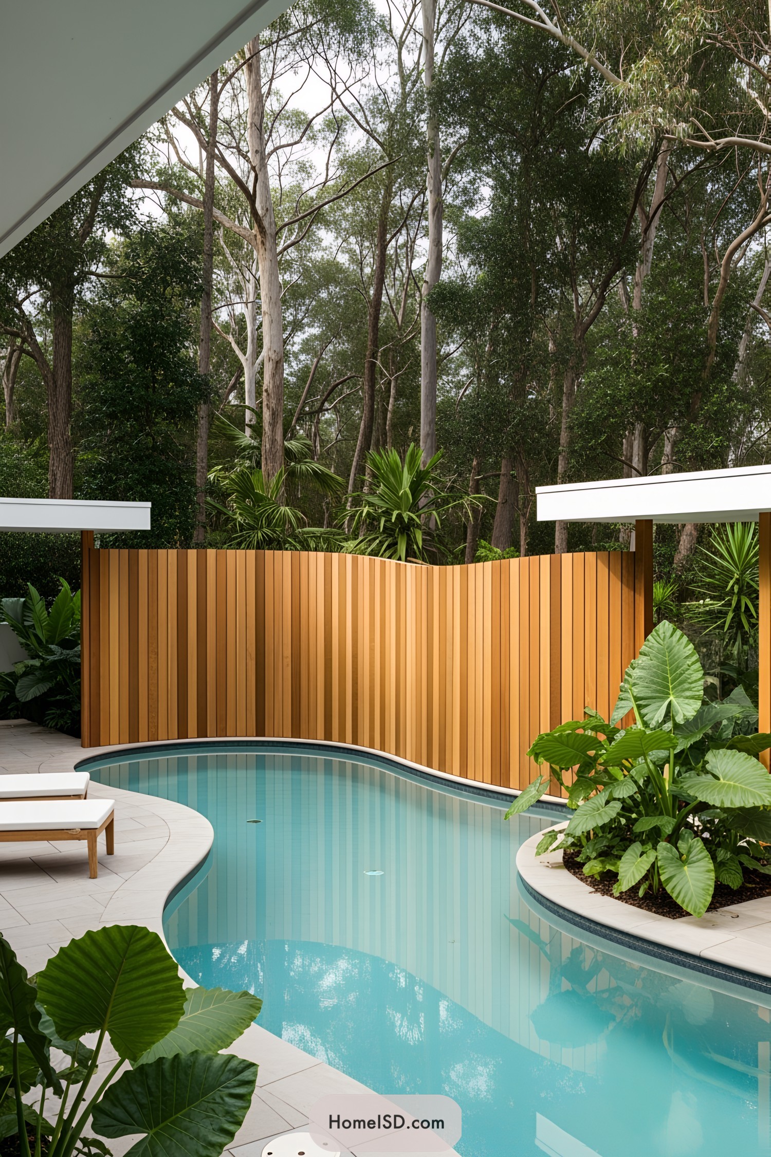 Curved wooden fence beside a stylish pool