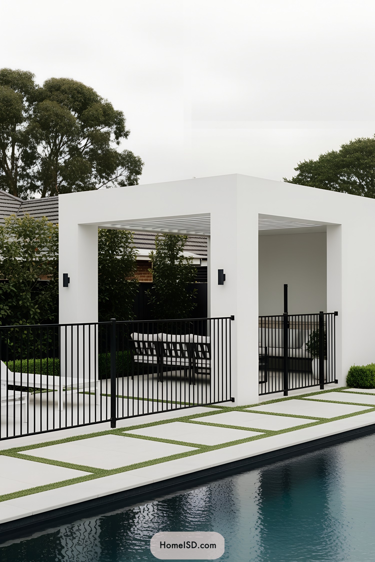 Sleek black fence surrounding a stylish pool area