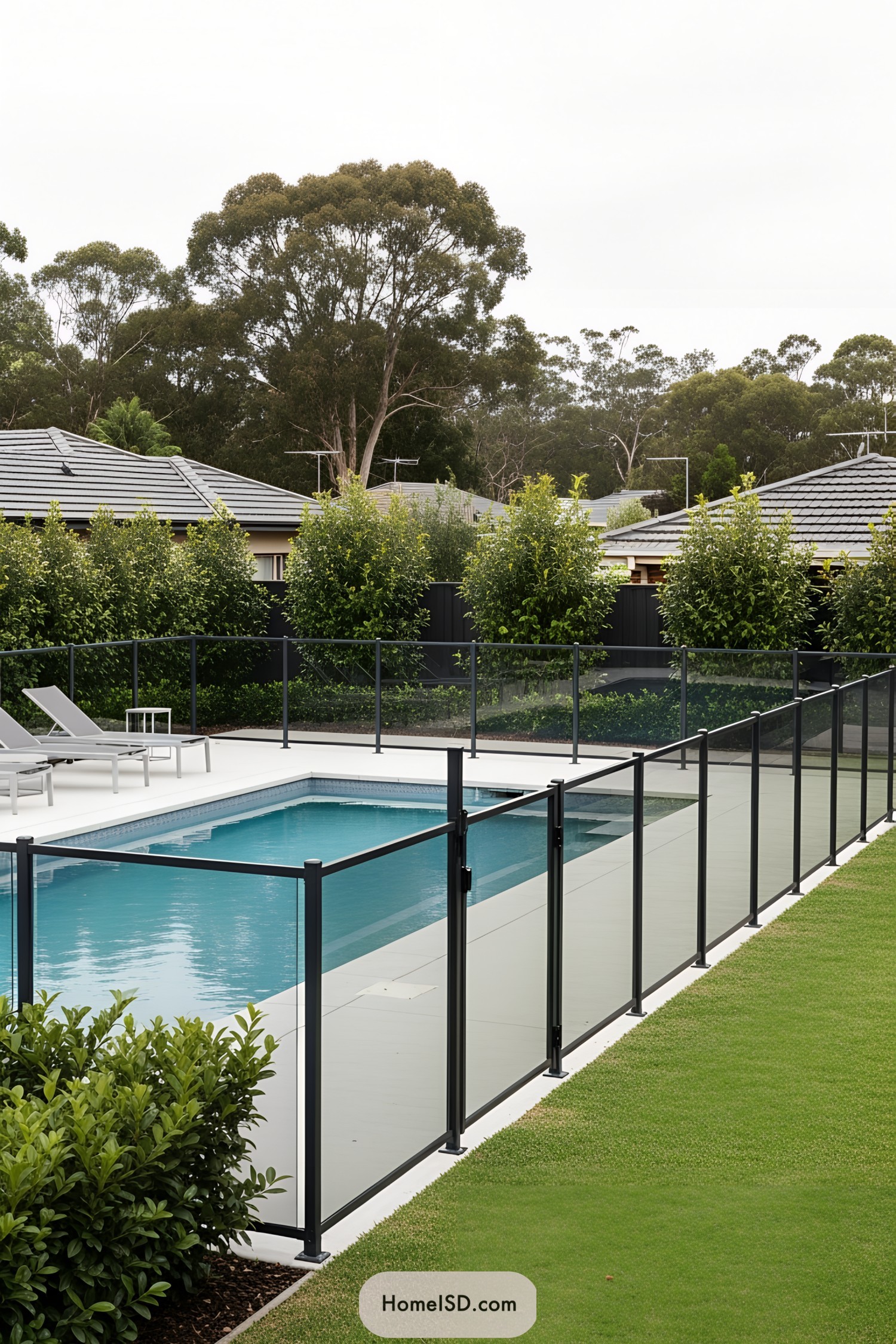 Modern pool with glass fence surrounded by greenery